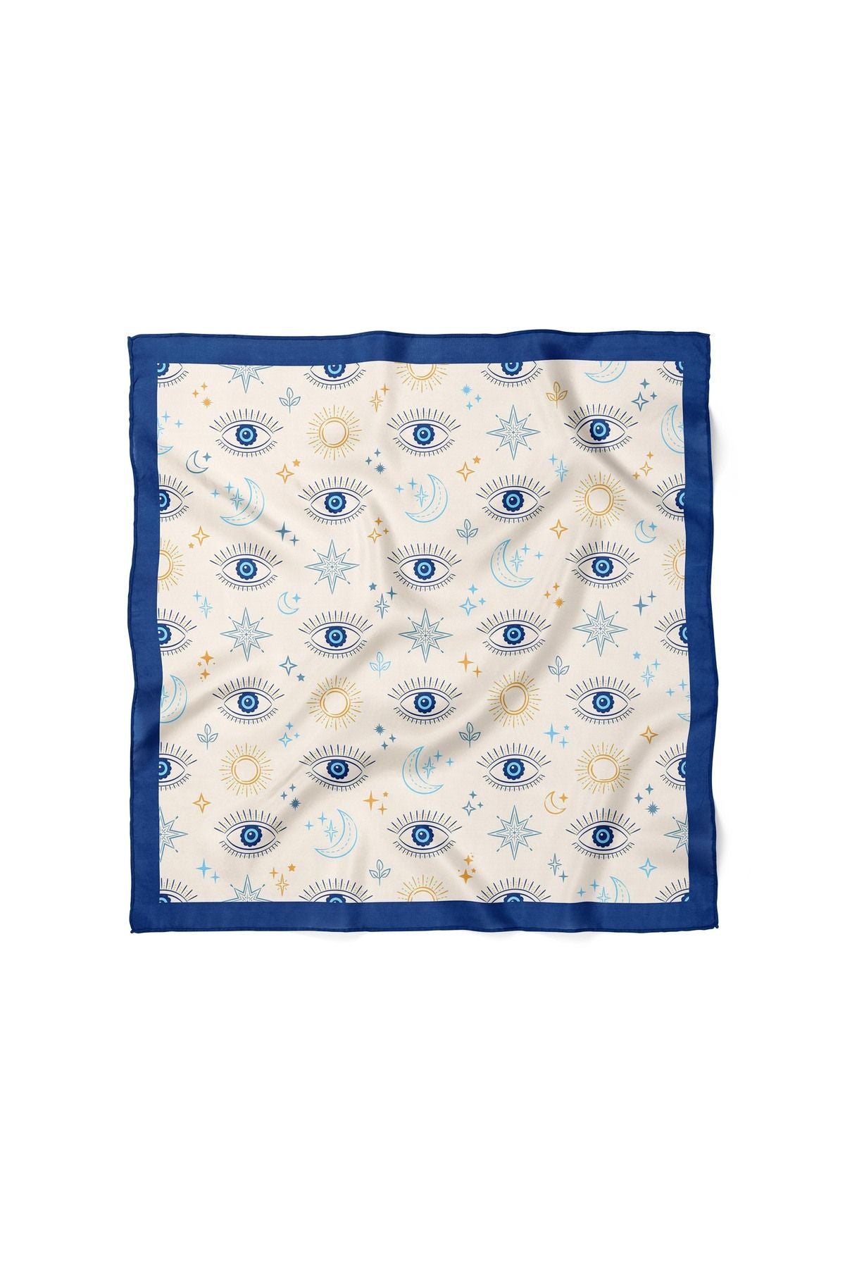 Nazar Gözlü Saten Bandana 50x50 cm – Güneş, Ay ve Yıldız Desenli Şık Tasarım - indirimsepeti