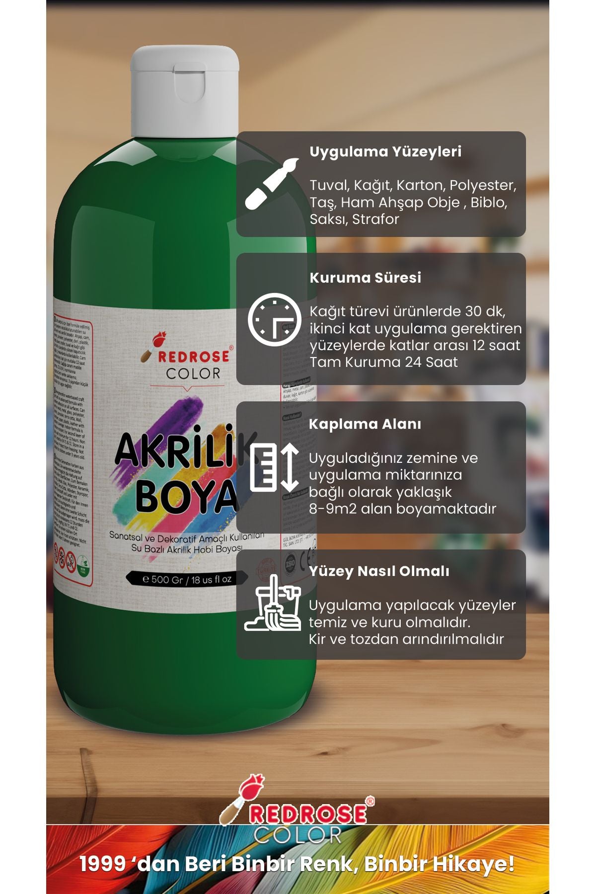 Yeşil Akrilik Boya 500 gr Sanatsal, Dekoratif, Hobi Amaçlı, Canlı Renkler - indirimsepeti