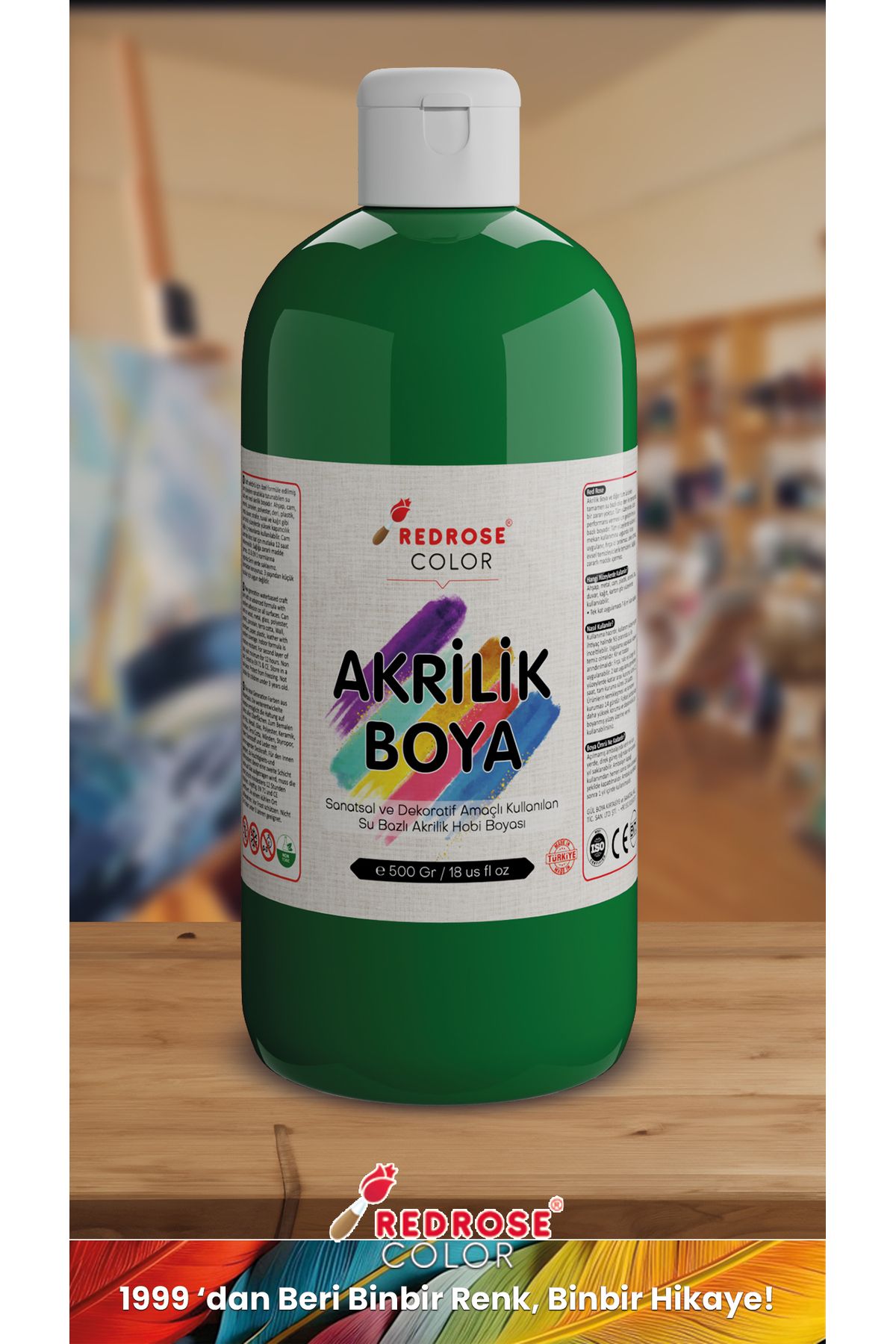 Yeşil Akrilik Boya 500 gr Sanatsal, Dekoratif, Hobi Amaçlı, Canlı Renkler - indirimsepeti