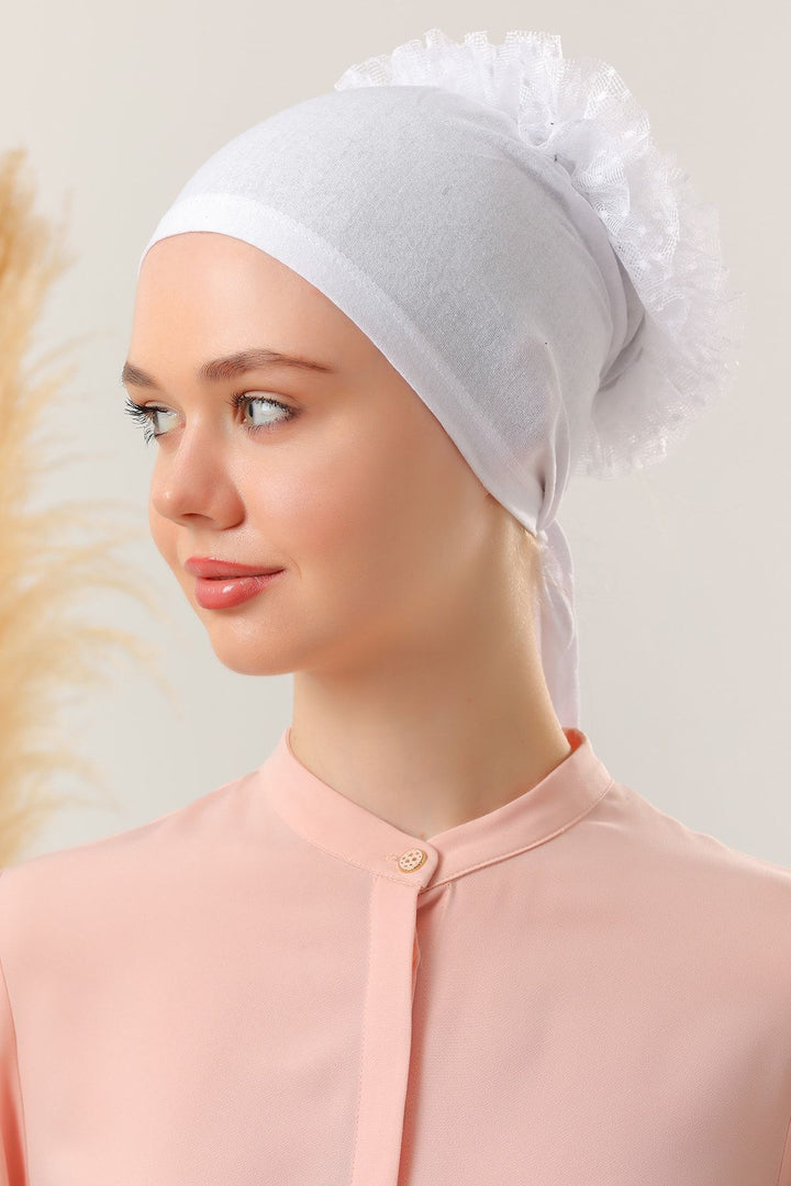 Tesettür Fırfırlı Bone Beyaz - Indirimsepeti