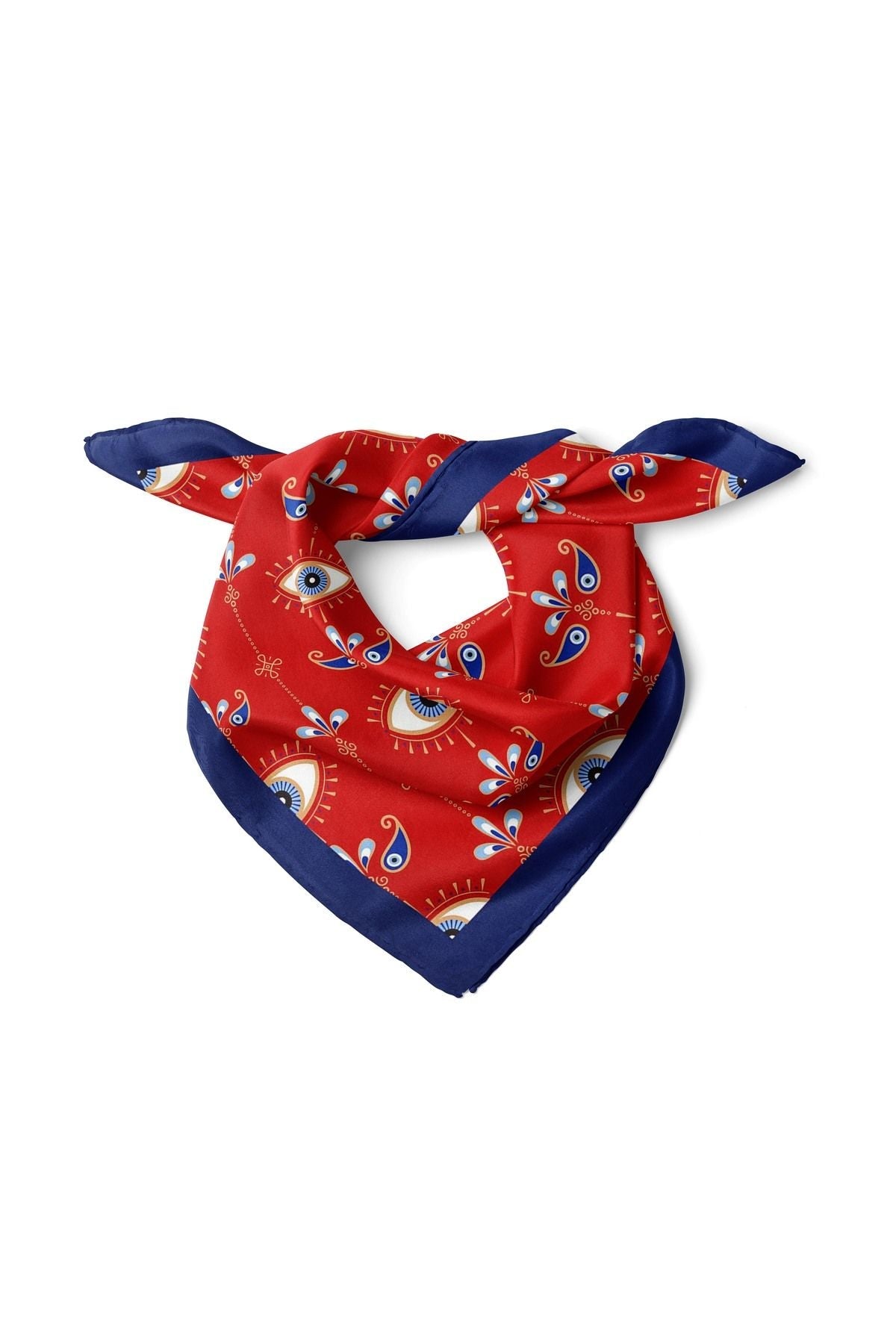Göz Desenli Kırmızı Saten Kumaş Fular Parlak ve Soft ipeksi Bandana - indirimsepeti