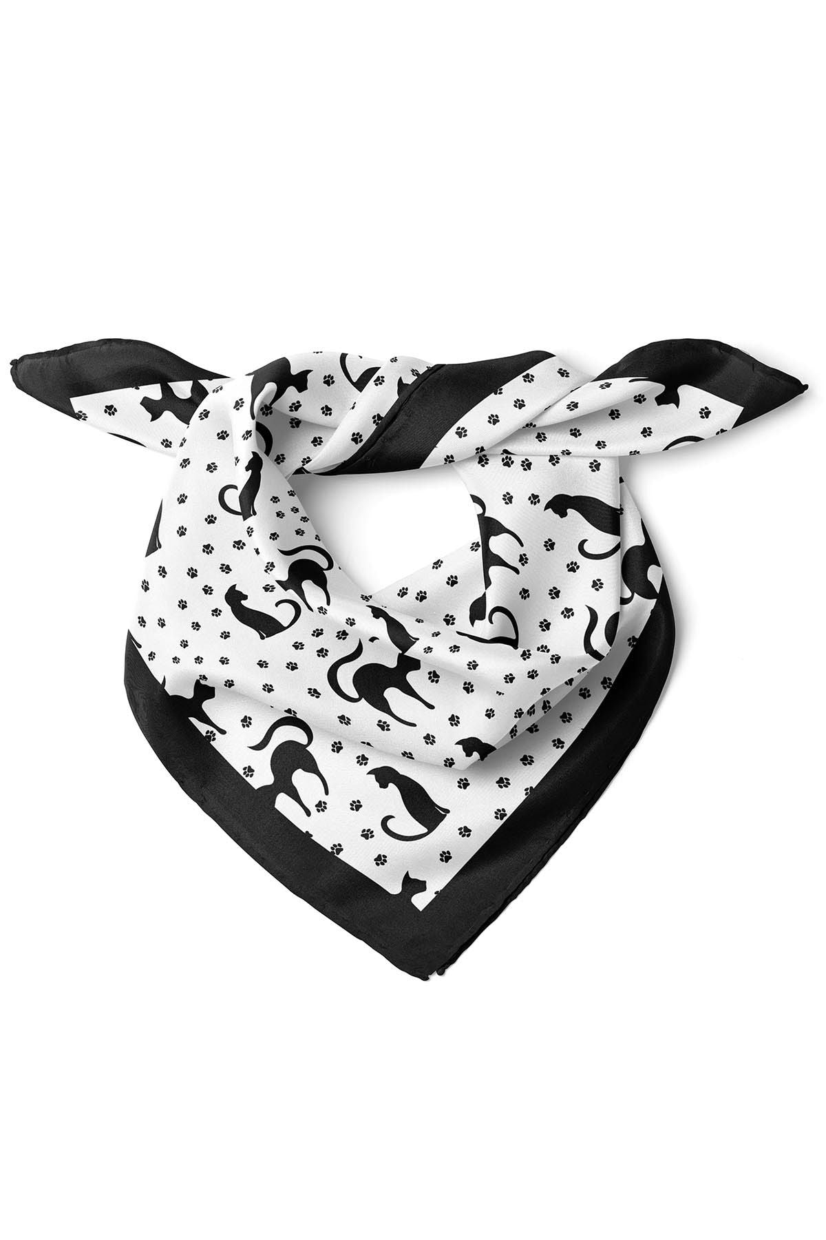 Kedi Desenli Siyah Beyaz Saten Kumaş Fular Parlak ve Soft ipeksi Bandana - indirimsepeti