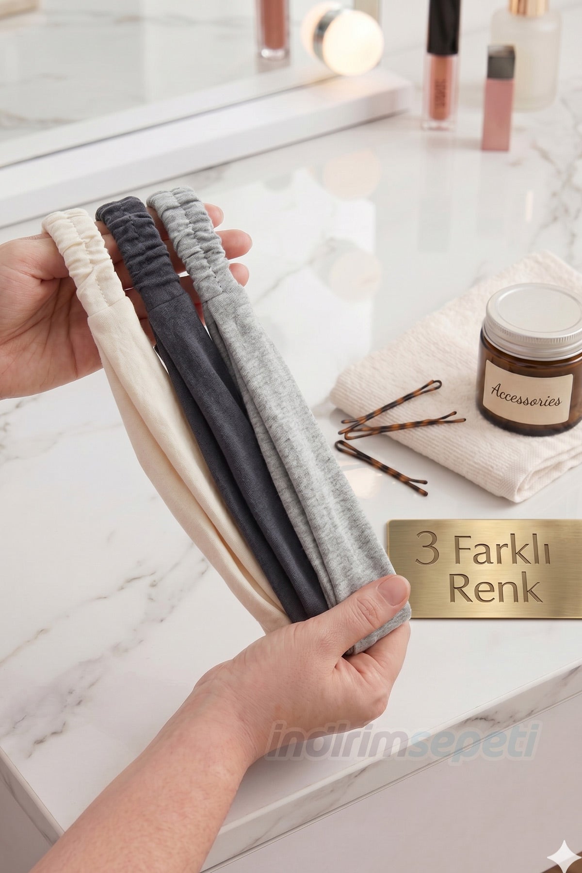 Lastikli Bandana 3’lü Set Pamuklu Esnek Saç Bandı – Model 2 Makyaj ve Cilt Bakım Bandana Krem Füme Koyu Füme