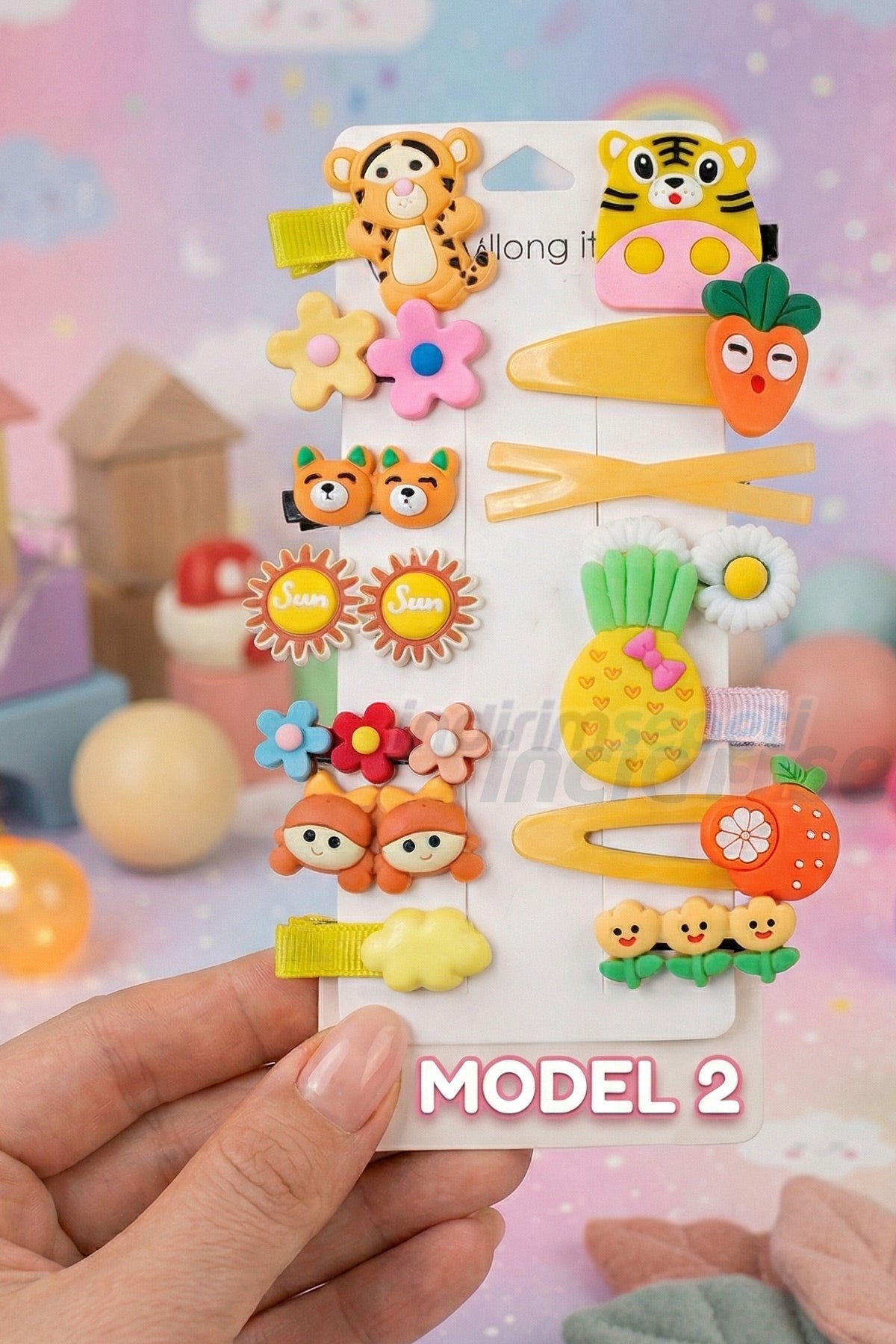 14’lü Kız Çocuk Toka Seti Sarı – Hayvan Figürlü & Meyve Desenli Renkli Çıtçıt Toka Seti Model 2