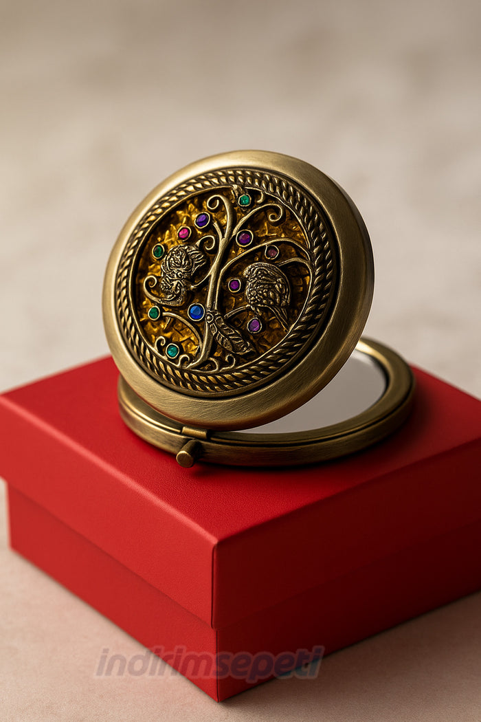 Makyaj Aynası Vintage İşlemeli Taşlı Metal Çift Taraflı Cep Aynası – Hediyelik Çanta İçi Taşınabilir Ayna