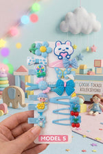 14 Parçalı Çocuk Toka Seti - Mavi Kelebek, Çift Kiraz, Lolipop ve Kalp Tutan Tavşan Figürlü Model 5