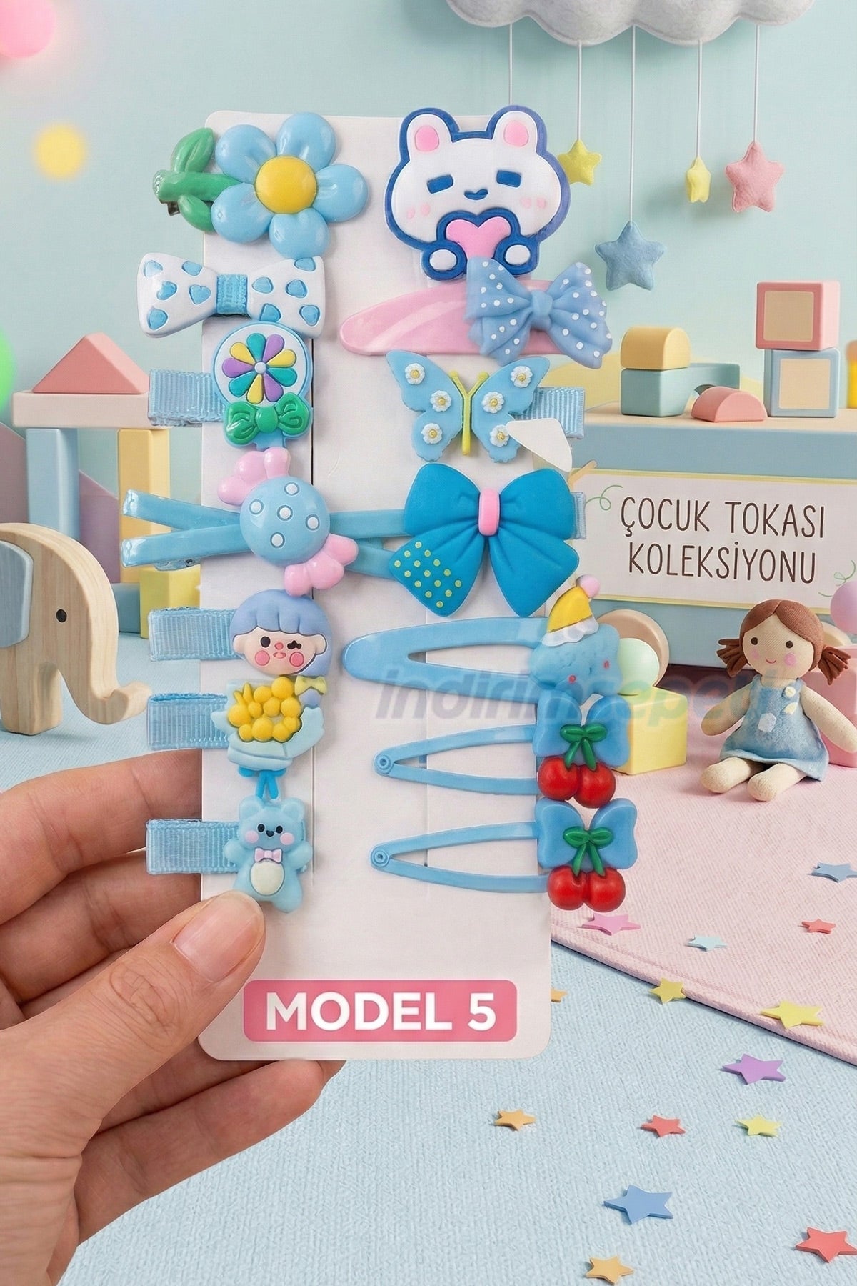 14 Parçalı Çocuk Toka Seti - Mavi Kelebek, Çift Kiraz, Lolipop ve Kalp Tutan Tavşan Figürlü Model 5