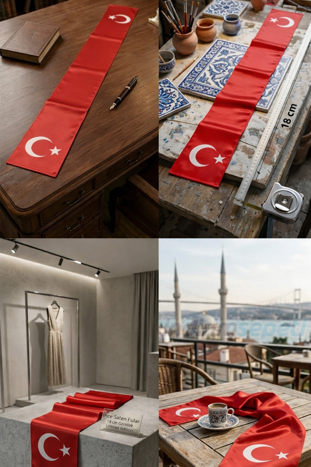 Ay Yıldız Saten Fular 123x18 cm Kırmızı Beyaz Fular  | Resmi Organizasyon Kurumsal Tören Stil