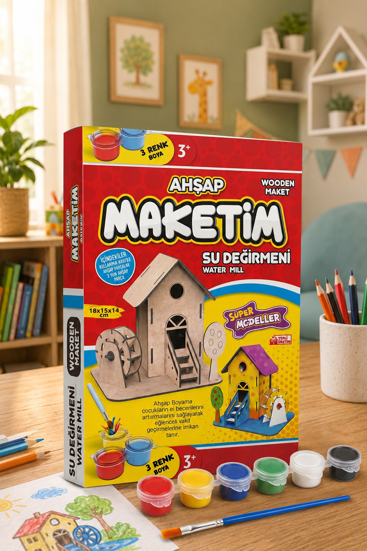 Ahşap Maket Boyama Seti Su Değirmeni | 2 Adet 6’lı 3 ml Boya Kutusu ve Fırçalı Çocuk Etkinlik Seti