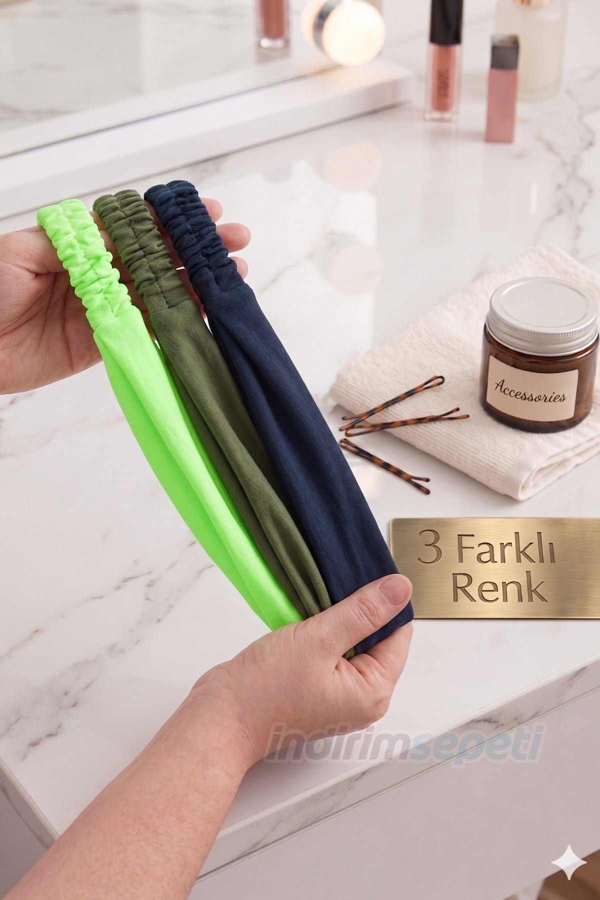 Lastikli Bandana 3’lü Set Pamuklu Esnek Saç Bandı – Model 10 Makyaj ve Cilt Bakım Bandana Fosfor Yeşili Haki Koyu Lacivert