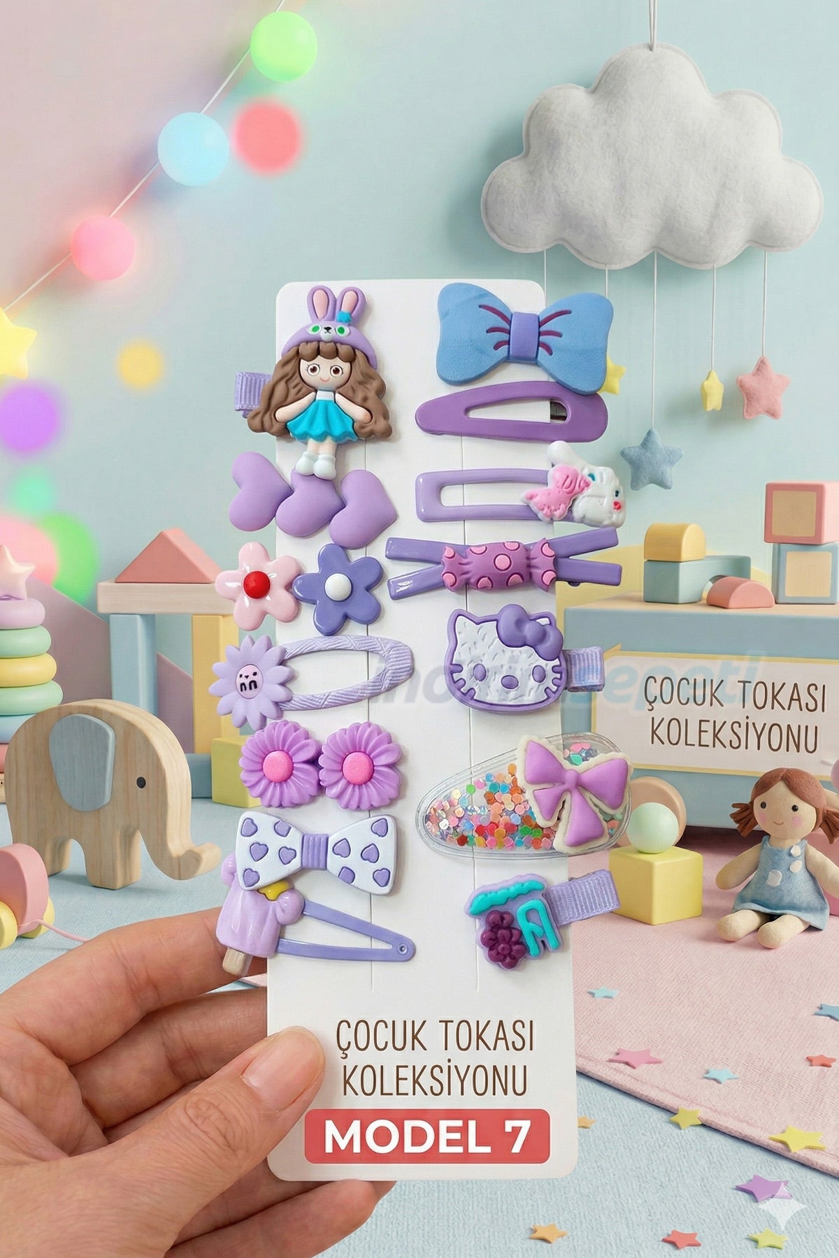 Toka Çocuk Tokası Koleksiyonu - Sevimli Figürlü 14 Parça Lüks Hediye Seti - Yeşil Sarı Kahve Mavi ve Pastel Tonlar