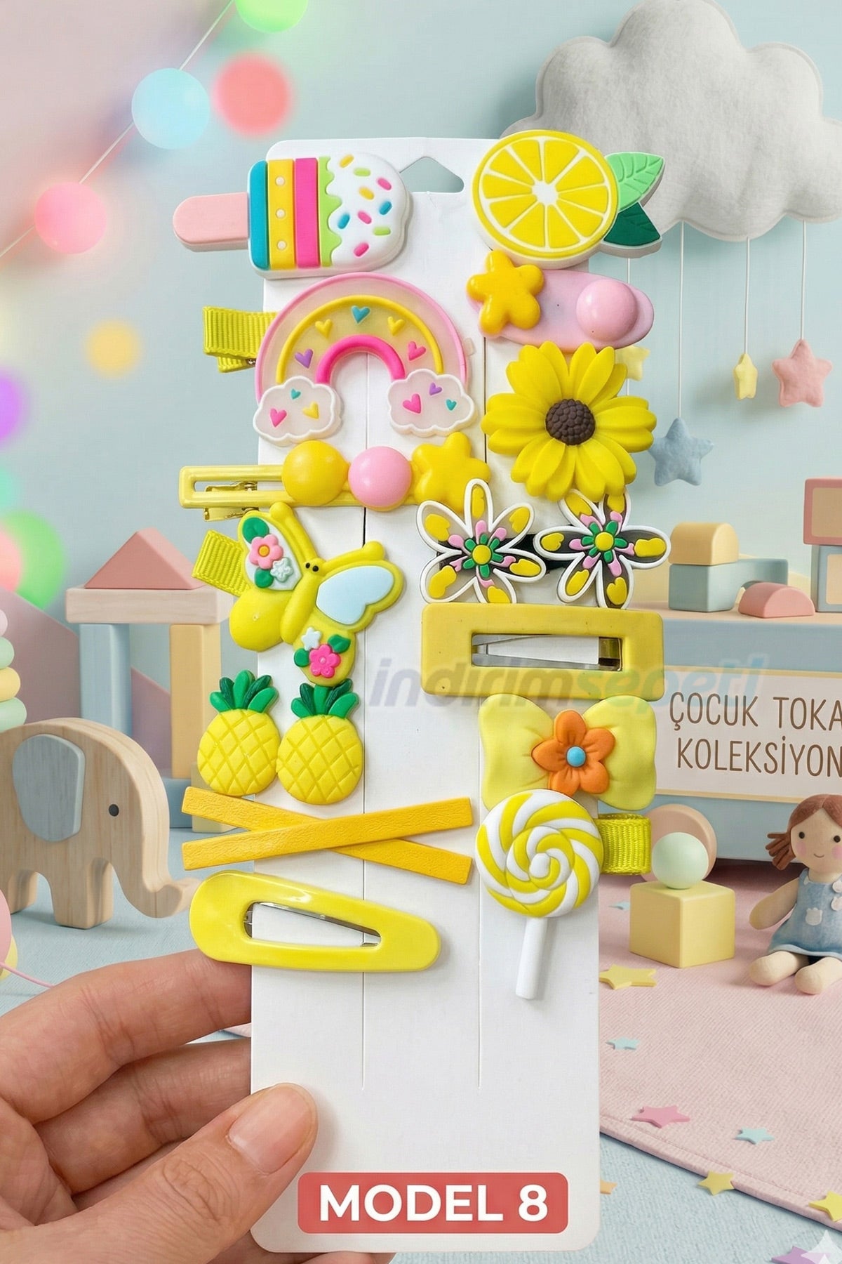 Toka Çocuk Tokası Koleksiyonu - Sevimli Figürlü 14 Parça Lüks Hediye Seti - Yeşil Sarı Kahve Mavi ve Pastel Tonlar