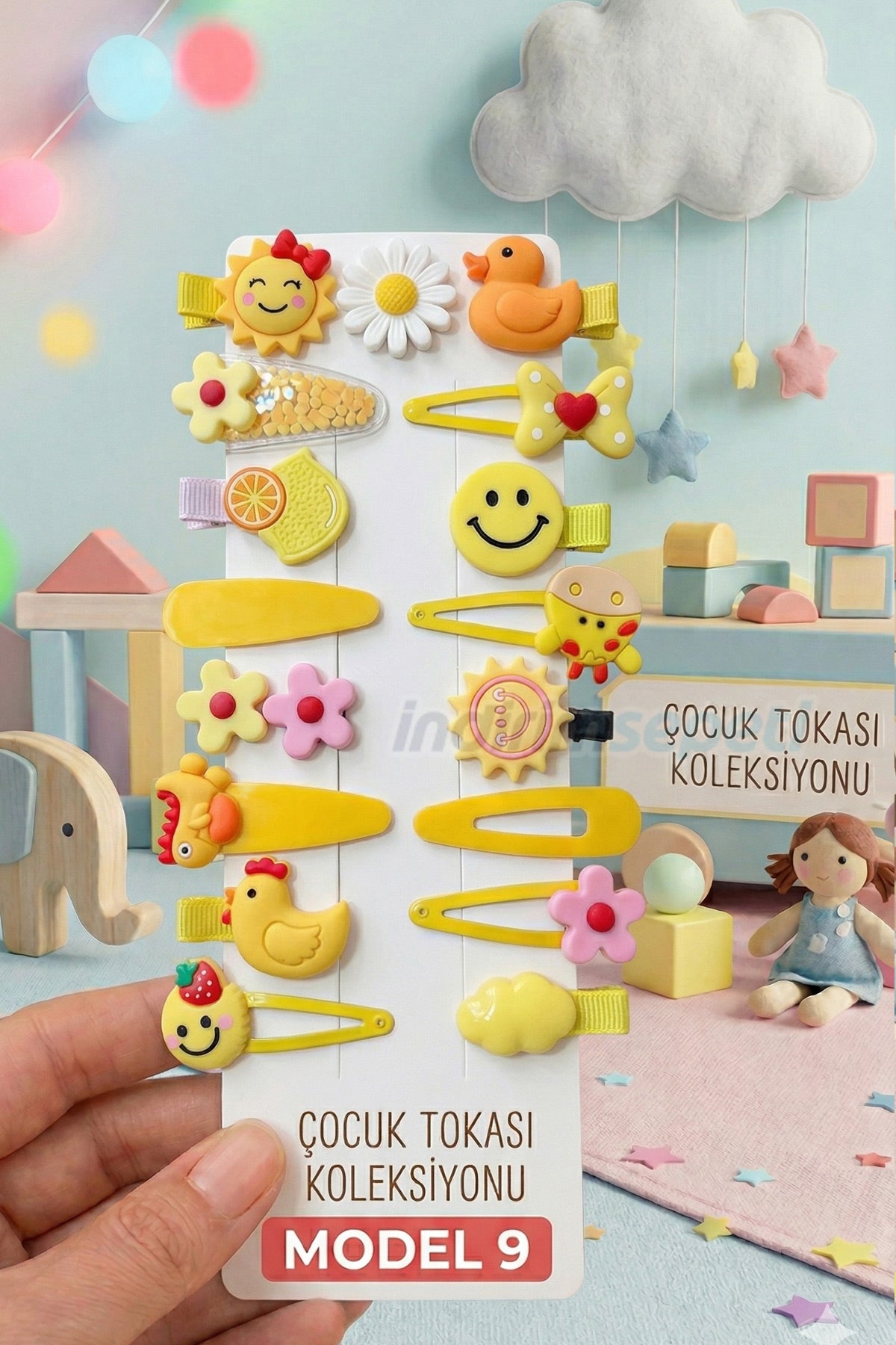 Toka Çocuk Tokası Koleksiyonu - Sevimli Figürlü 14 Parça Lüks Hediye Seti - Yeşil Sarı Kahve Mavi ve Pastel Tonlar