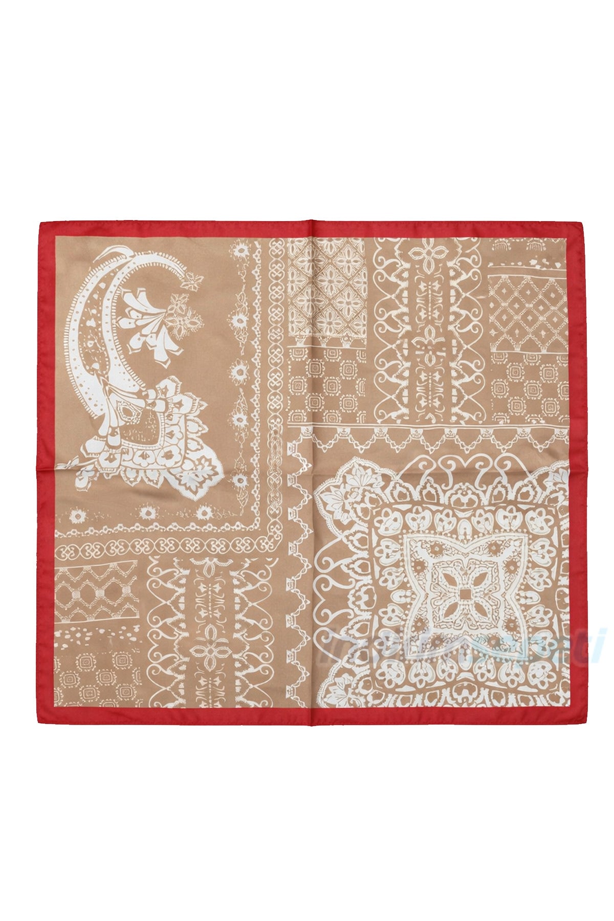 Karamel ve Ekru Paisley Motifli Lüks Desenli Saten Fular Bandana 50x50 cm | Geleneksel Motifli Şık Saç & Boyun Aksesuarı