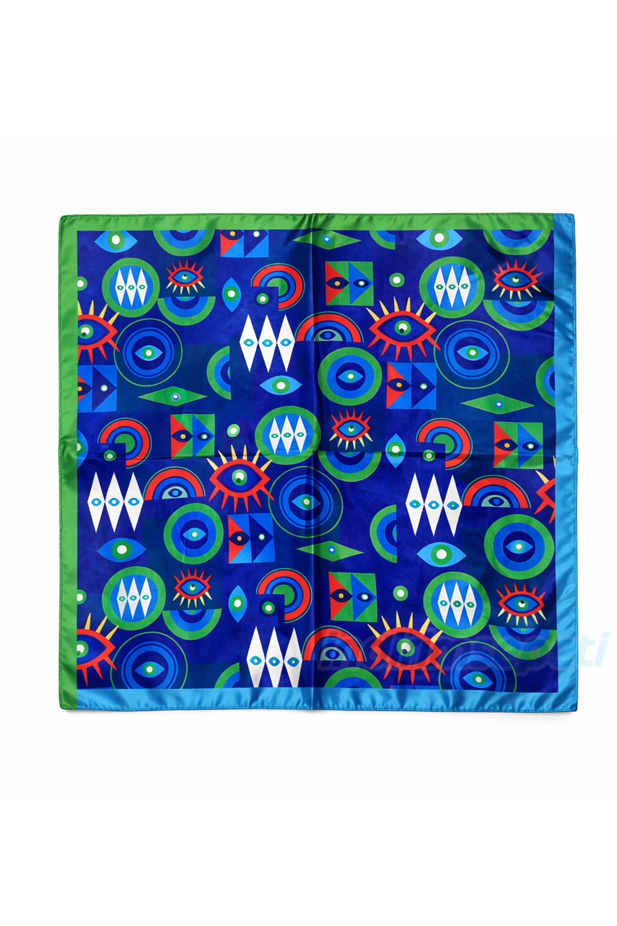 Modern Sanatsal Desenli 50x50 cm Kare Fular Mavi Göz Motifli Saten Fular