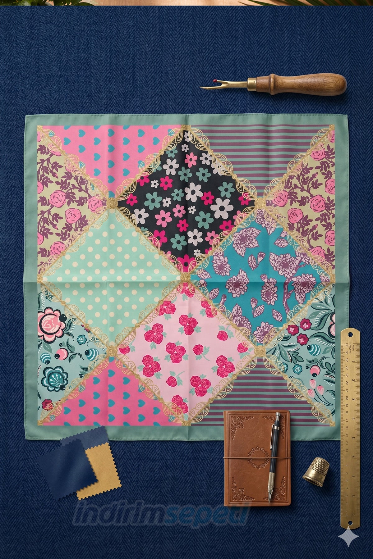 Mint Yeşili Patchwork Çiçek Desenli Saten Bandana 50x50 cm | Retro Floral & Kalp Motifli Şık Fular