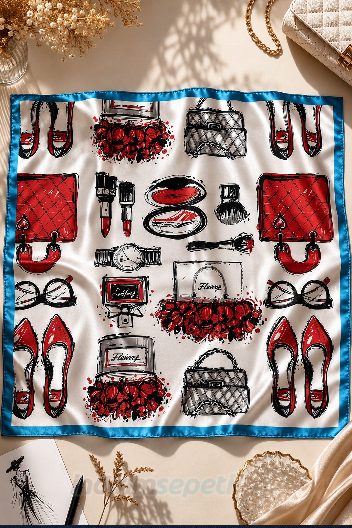 Kırmızı Moda Desenli Saten Bandana 50x50 cm – Çanta, Topuklu Ayakkabı ve Kozmetik Temalı Şık Fular