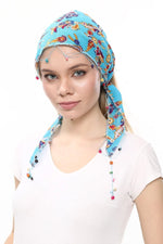 Fular Çiçek Desenli Pamuklu Kumaş Boncuklu  Saç Bandı  Saç Aksesuar Mavi - Indirimsepeti