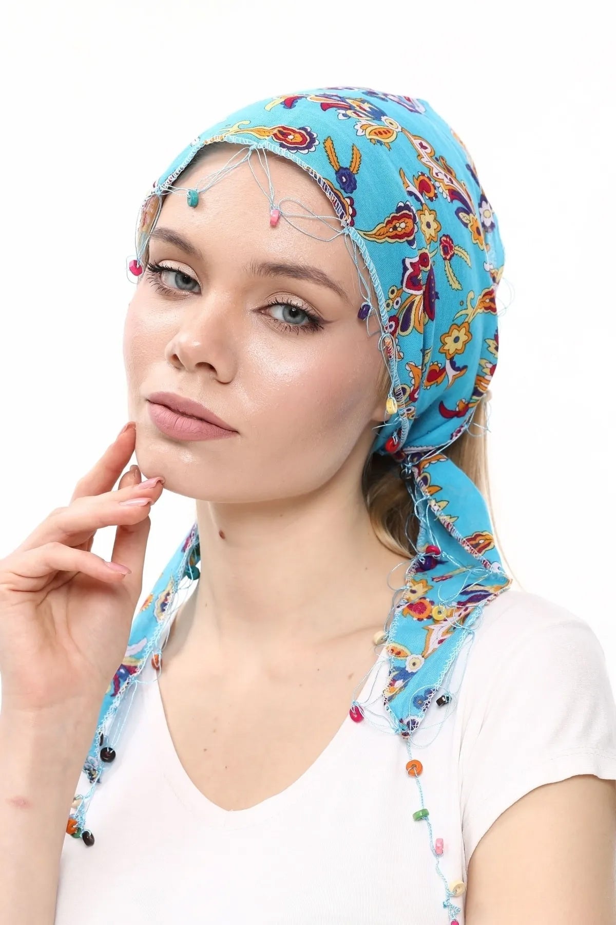 Fular Çiçek Desenli Pamuklu Kumaş Boncuklu  Saç Bandı  Saç Aksesuar Mavi - Indirimsepeti