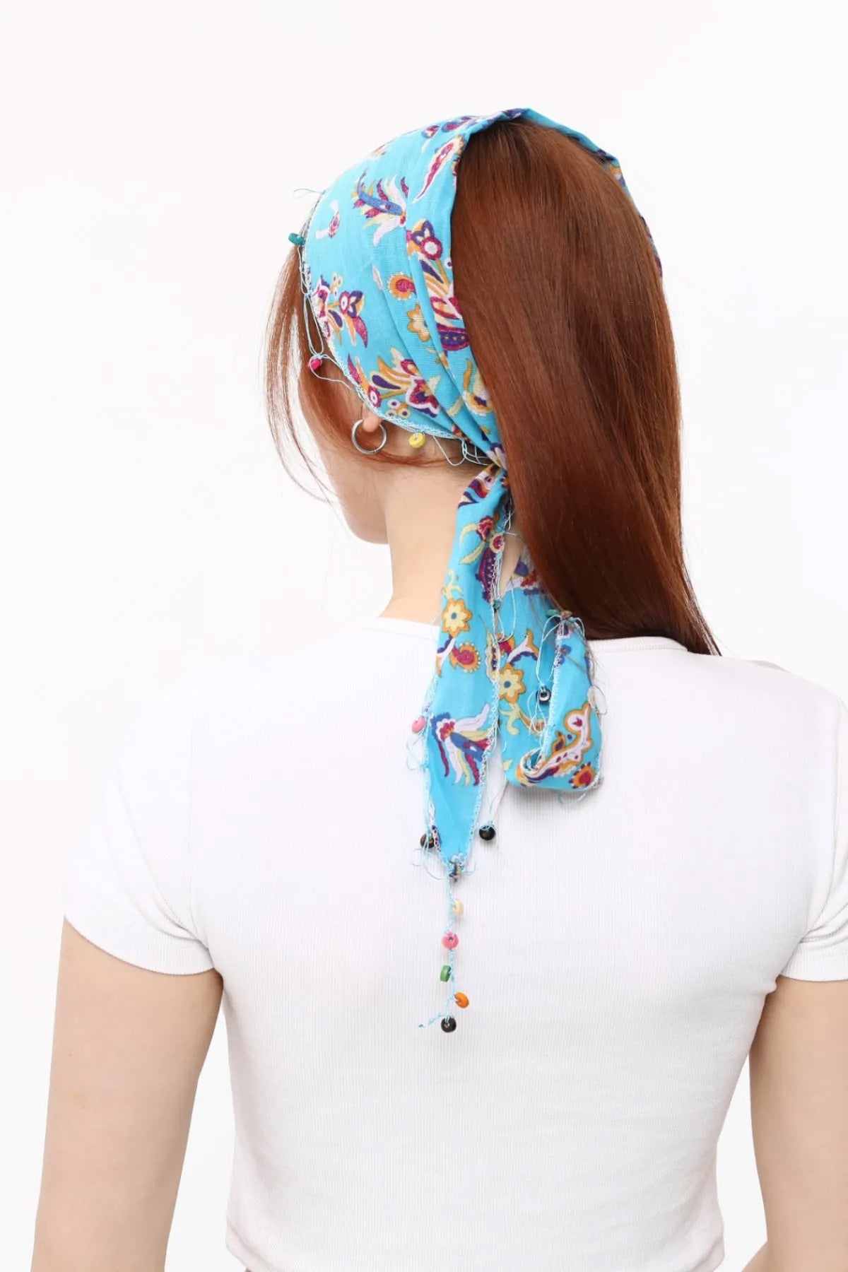 Fular Çiçek Desenli Pamuklu Kumaş Boncuklu  Saç Bandı  Saç Aksesuar Mavi - Indirimsepeti