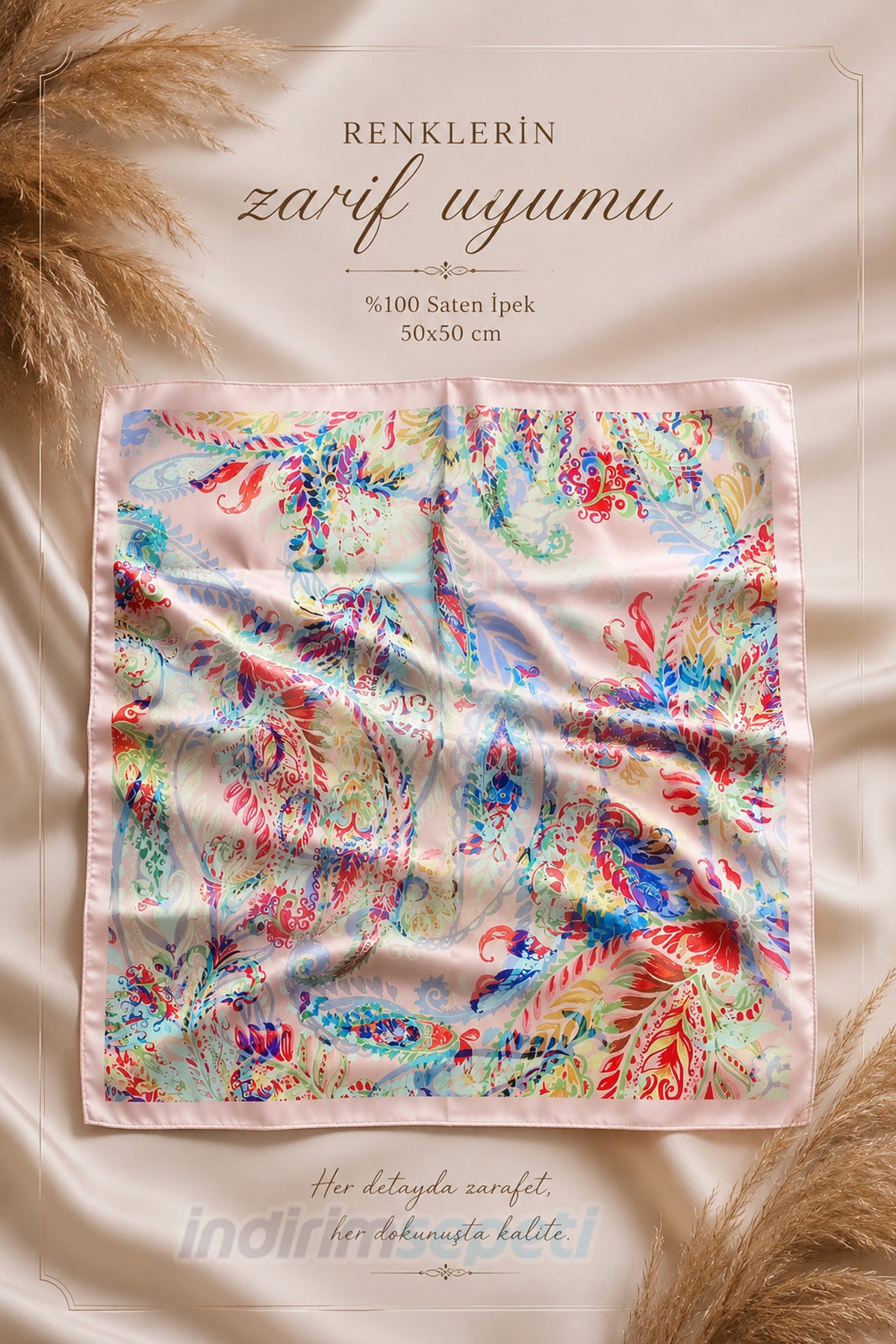 Pastel Yaprak Şal Desenli Saten Bandana 50x50 cm – Renkli Zarif Fular Modeli