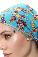Fular Çiçek Desenli Pamuklu Kumaş Boncuklu  Saç Bandı  Saç Aksesuar Mavi - Indirimsepeti