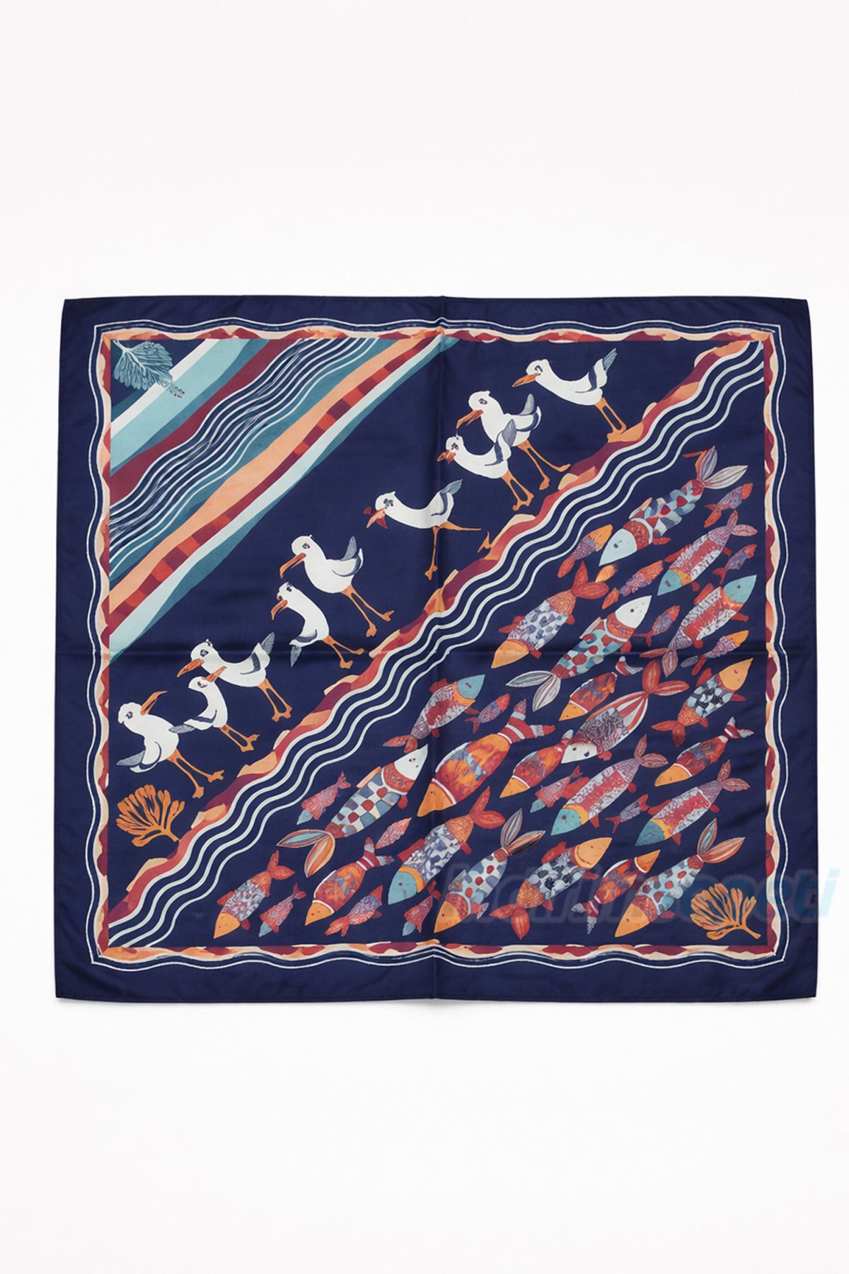 Deniz Temalı Martı ve Balık Desenli Saten Fular 50x50 cm – Marin Kare Bandana