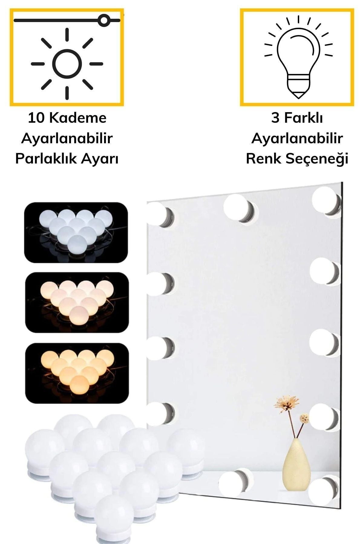 Nostalji Hollywood Tarzı 10lu Makyaj Masası Aynası Beyaz Led Işıklı Lamba USB - indirimsepeti