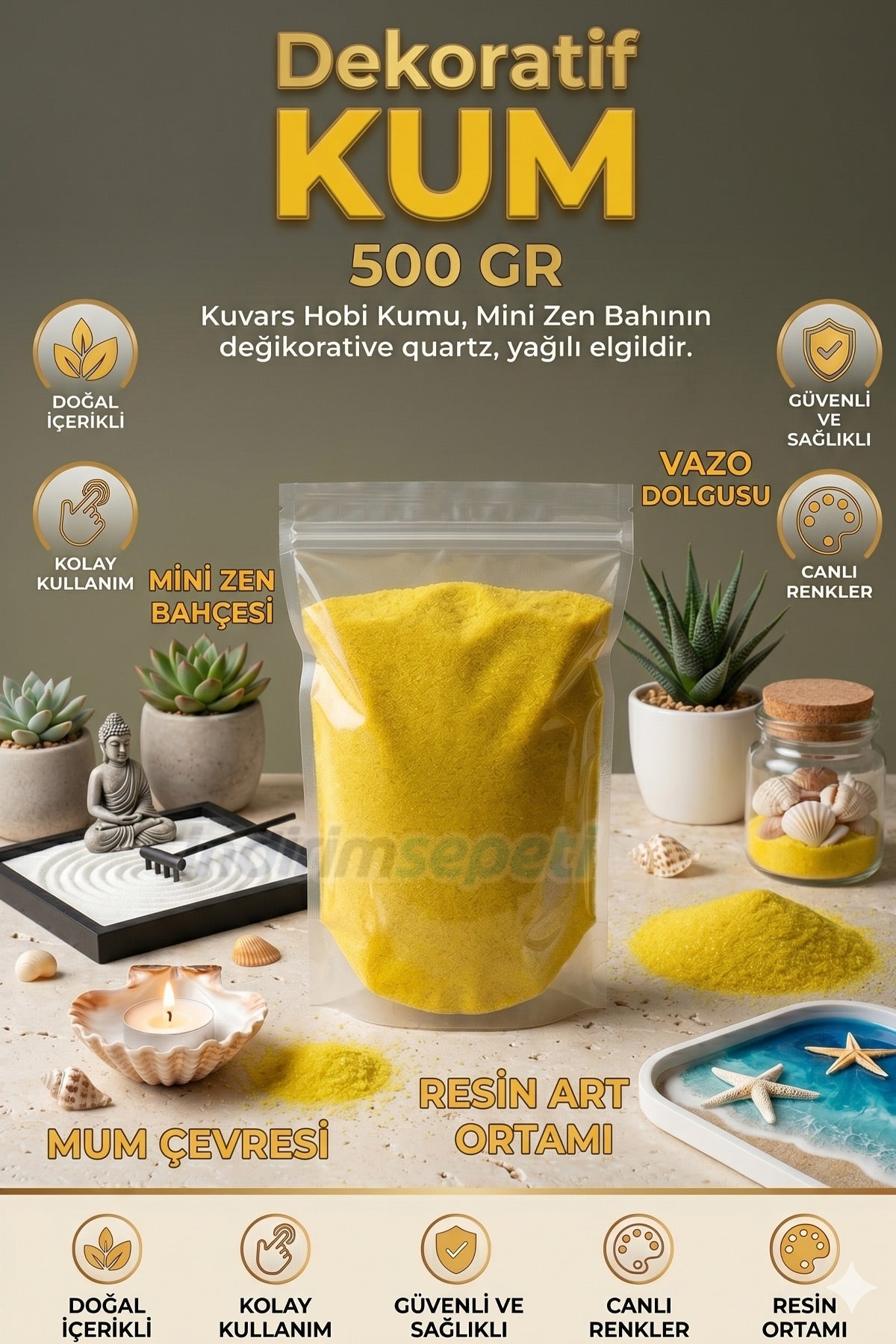 Güneş Sarı Dekoratif Masa ve Vazo Dolgusu Kumu Kum Boyama Kumu 500 Gr | Kuvars Hobi Kumu, Ev & Parti Süslemeleri