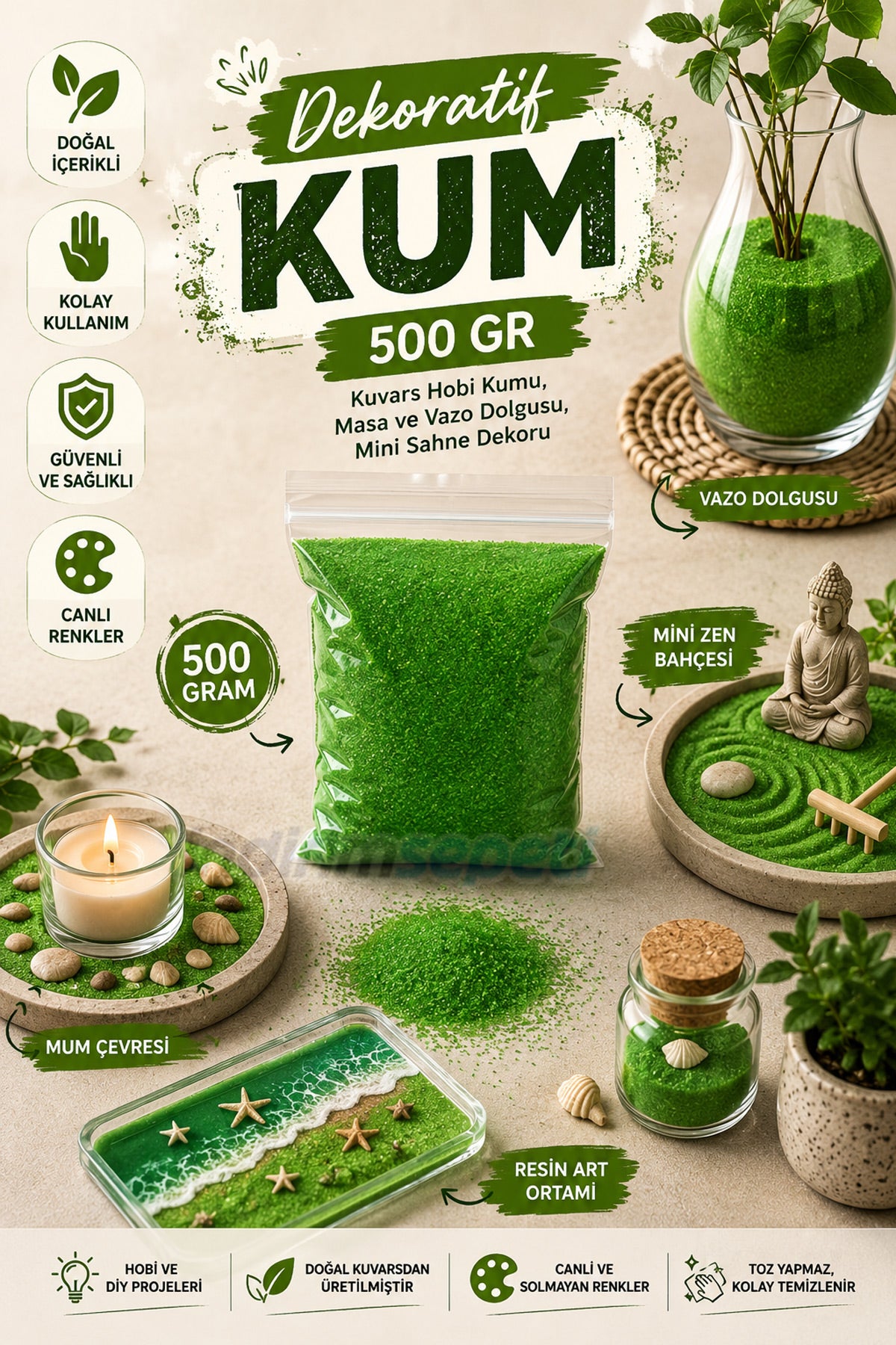 Yeşil Renk Kum Boyama Malzemesi 500 Gr|  Kum Resim Sanatı Resin Art Kum, Yüksek Kalite Dekoratif Kum