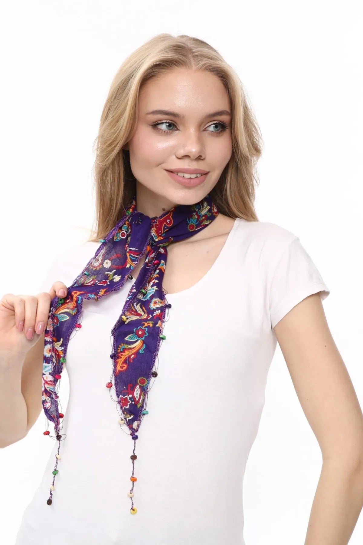 Fular Çiçek Desenli Pamuklu Kumaş Boncuklu  Saç Bandı  Saç Aksesuar Mor - Indirimsepeti