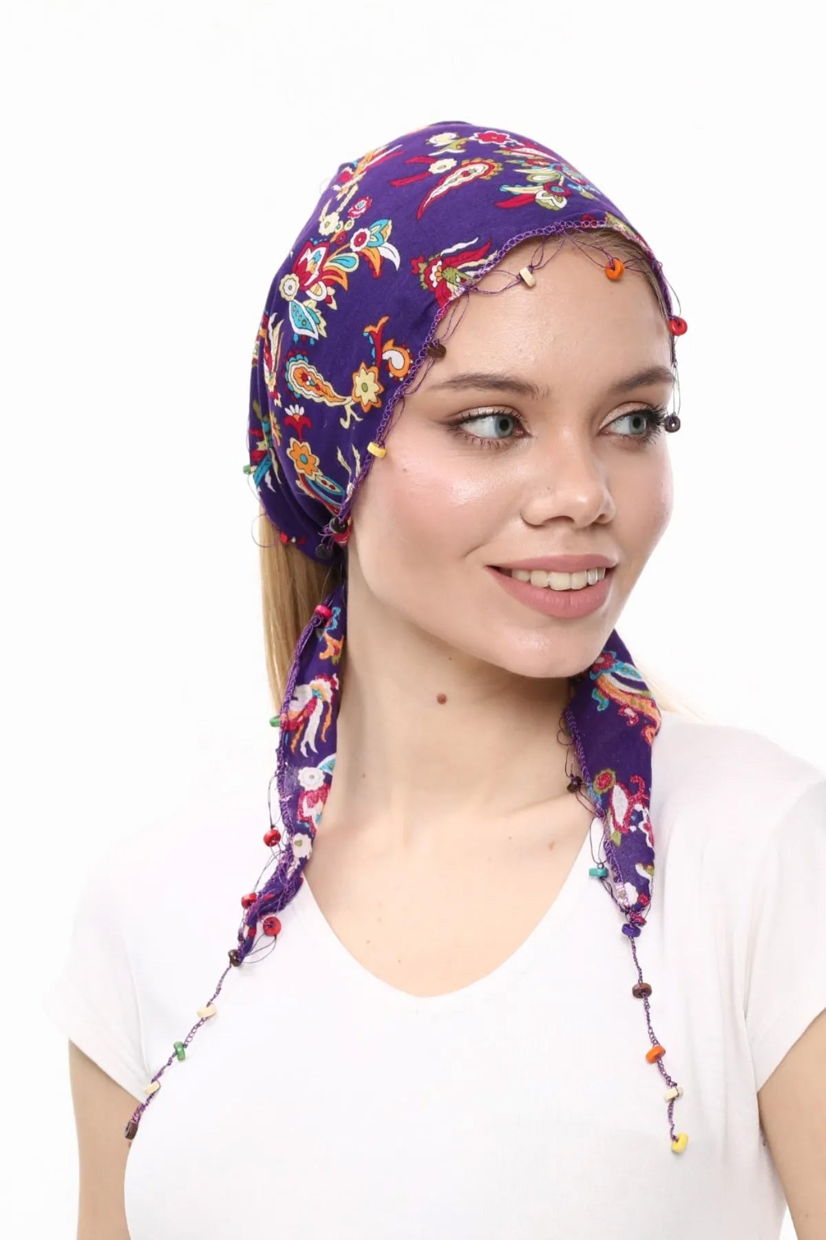 Fular Çiçek Desenli Pamuklu Kumaş Boncuklu  Saç Bandı  Saç Aksesuar Mor - Indirimsepeti