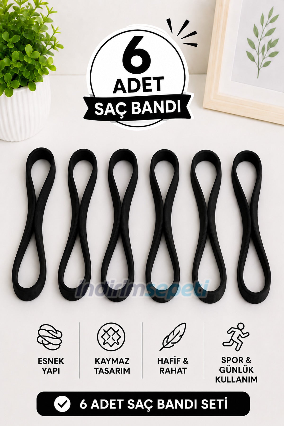 Siyah Sporcu & Günlük Kullanım Saç Bandı 6 Adet– Kaymaz Esnek Unisex Saç Lastik