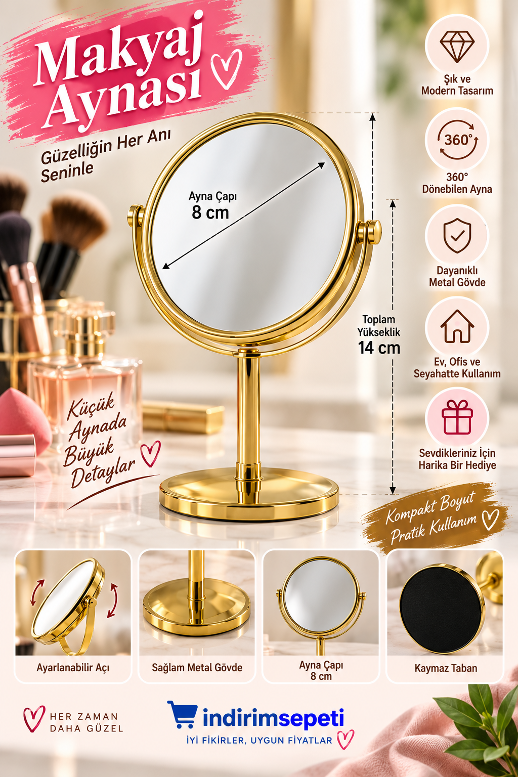 Gold Metal Masaüstü Makyaj Aynası 8 cm | 14 cm Ayarlanabilir Kozmetik Aynası