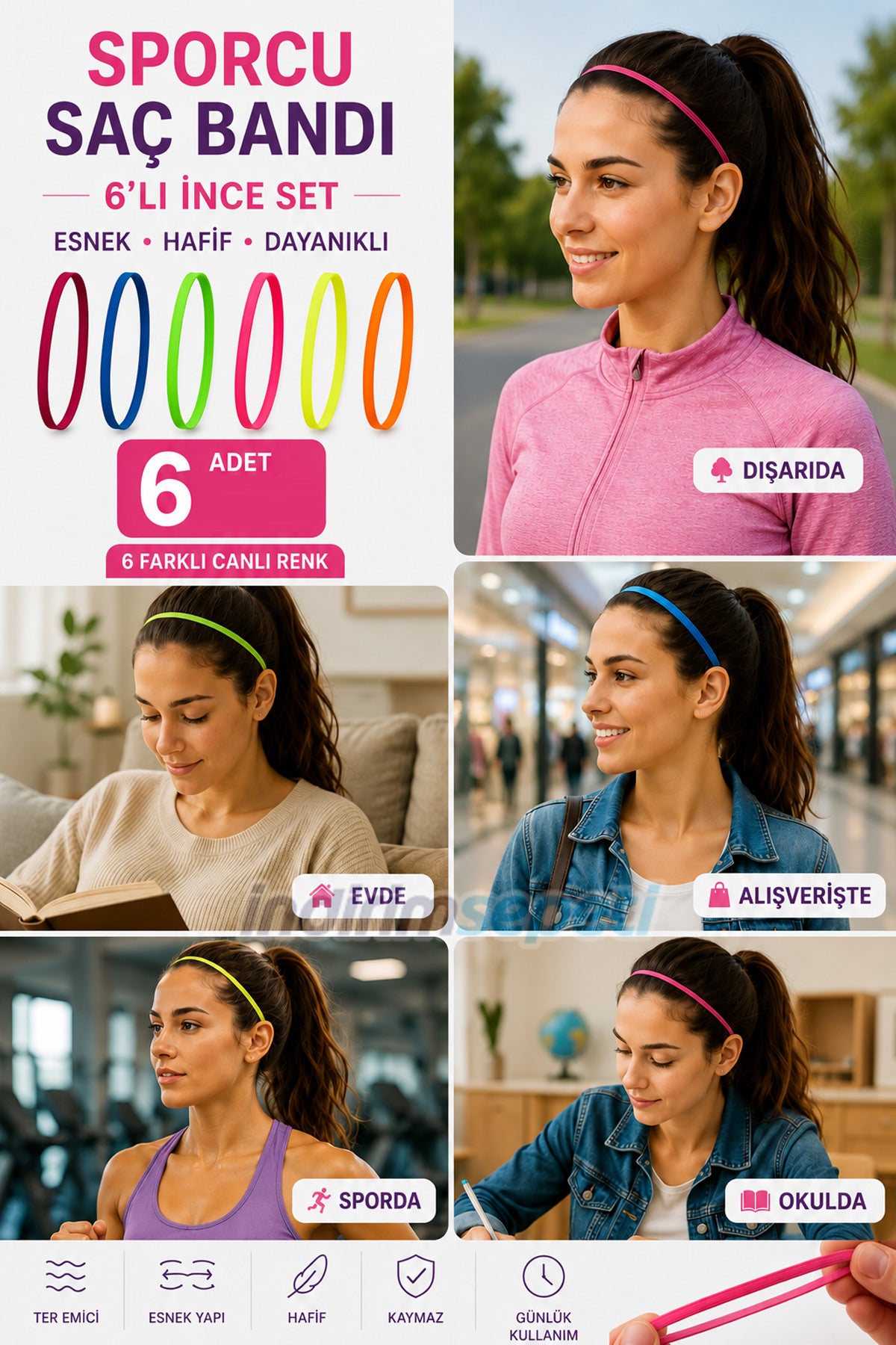 Renkli Sporcu & Günlük Kullanım Saç Bandı 6 Farklı Renk – Kaymaz Esnek Unisex Saç Bandı