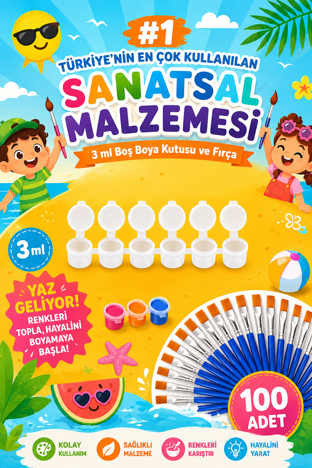 Boyama Başlangıç Seti 100’lü 3ml Boya Kutusu + 100’lü Fırça Okul Atölye Eğitim Seti