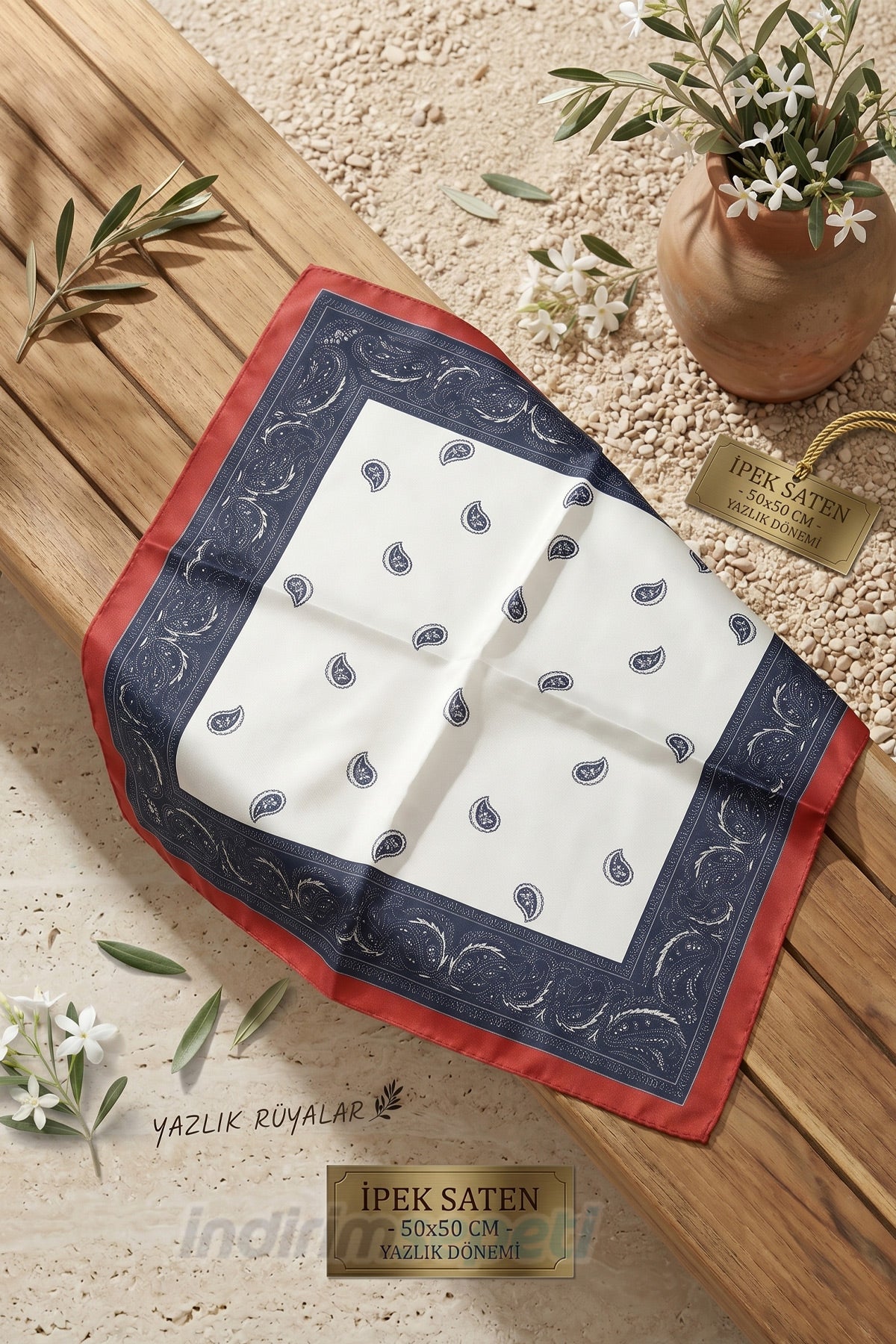 Şal Desenli Saten Saç Bandanası - 50x50 cm Yazlık Boyun Bağlama Fuları