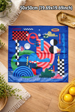 Pop - Art Geometrik Desenli Sanatsal Saten Kare Fular Kobalt Mavi Geometrik Figürlü ipeksi Saten Fular & Çanta Aksesuarı - indirimsepeti