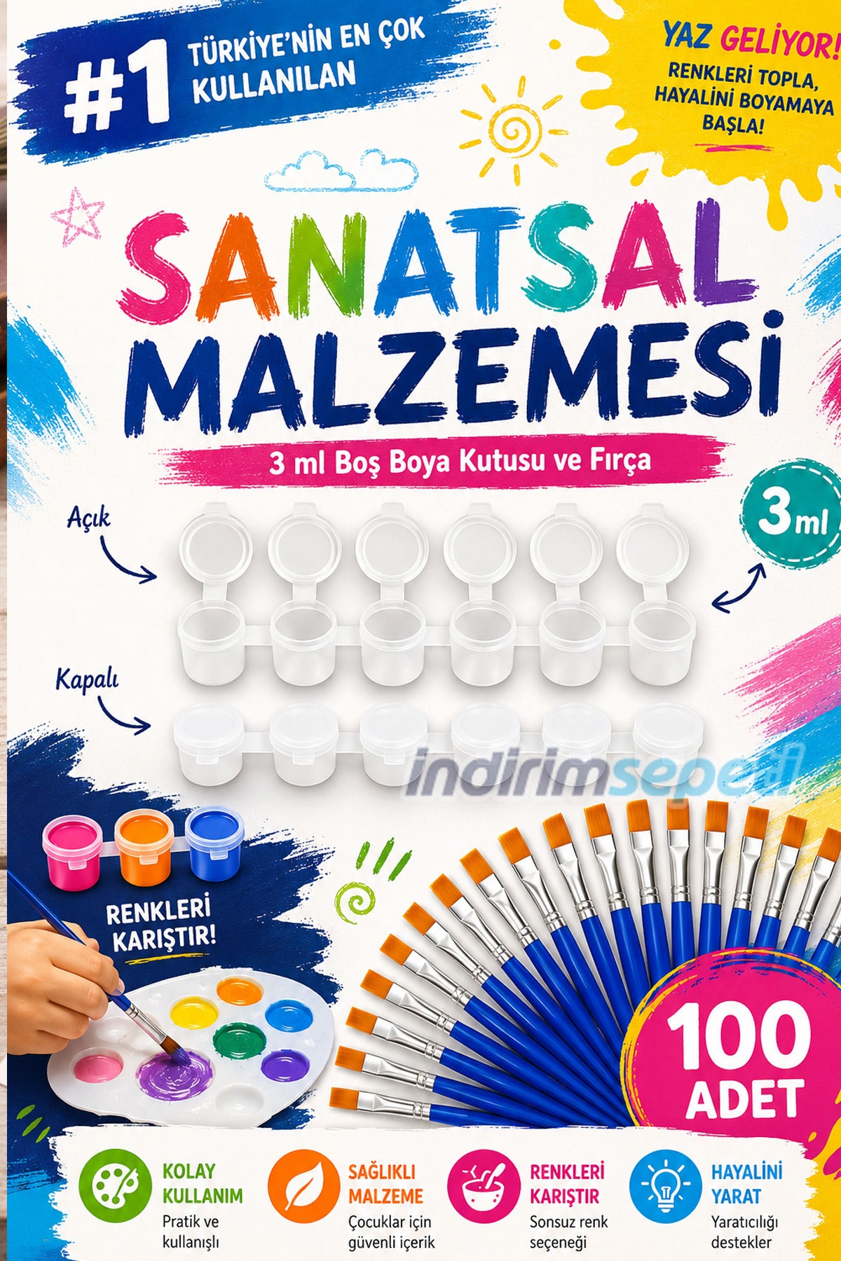 Boyama Başlangıç Seti 100’lü 3ml Boya Kutusu + 100’lü Fırça Okul Atölye Eğitim Seti