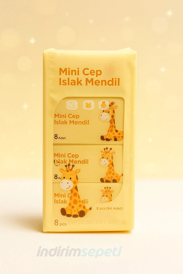 Zürafa Maskotlu Mini Cep Islak Mendil 8’li | Çocuk ve Çanta İçin Taşınabilir Hijyen Mendili