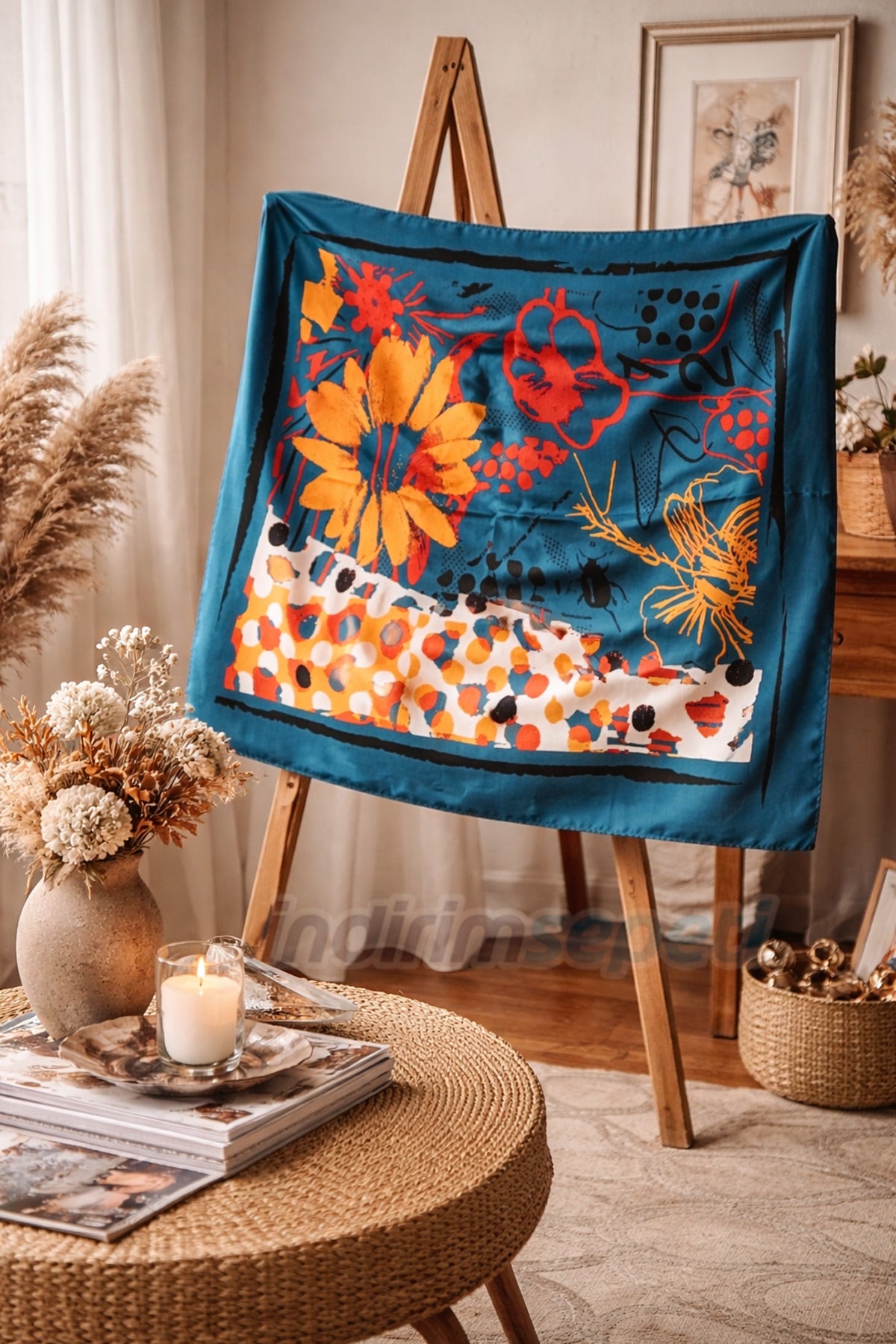 Soyut Çiçek Desenli Saten Kare Bandana Fular 50x50 cm – Pürüzsüz, Yumuşak, Şık Saç ve Çanta Aksesuarı - indirimsepeti