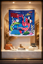 Pop - Art Geometrik Desenli Sanatsal Saten Kare Fular Kobalt Mavi Geometrik Figürlü ipeksi Saten Fular & Çanta Aksesuarı - indirimsepeti