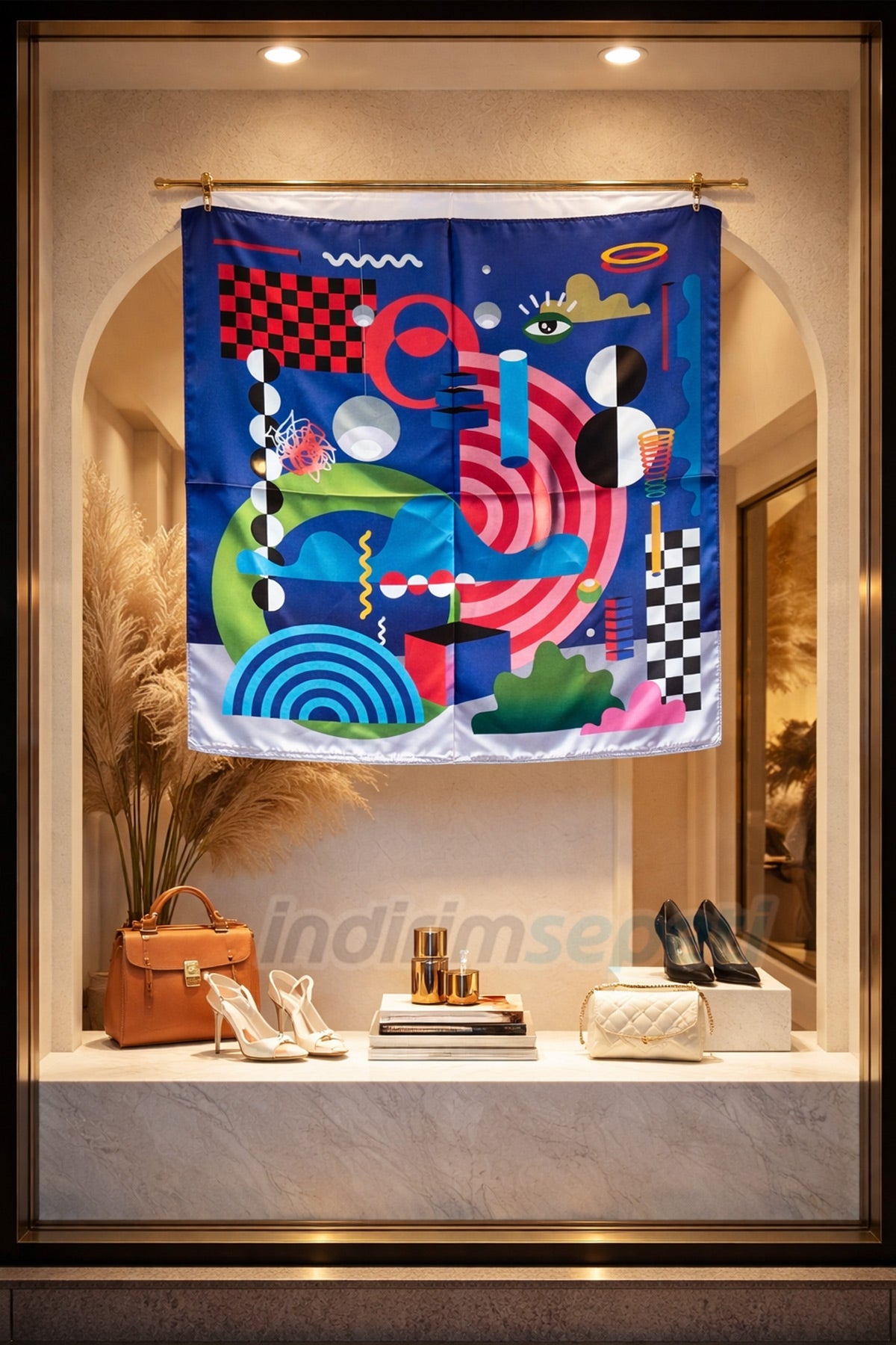 Pop - Art Geometrik Desenli Sanatsal Saten Kare Fular Kobalt Mavi Geometrik Figürlü ipeksi Saten Fular & Çanta Aksesuarı - indirimsepeti