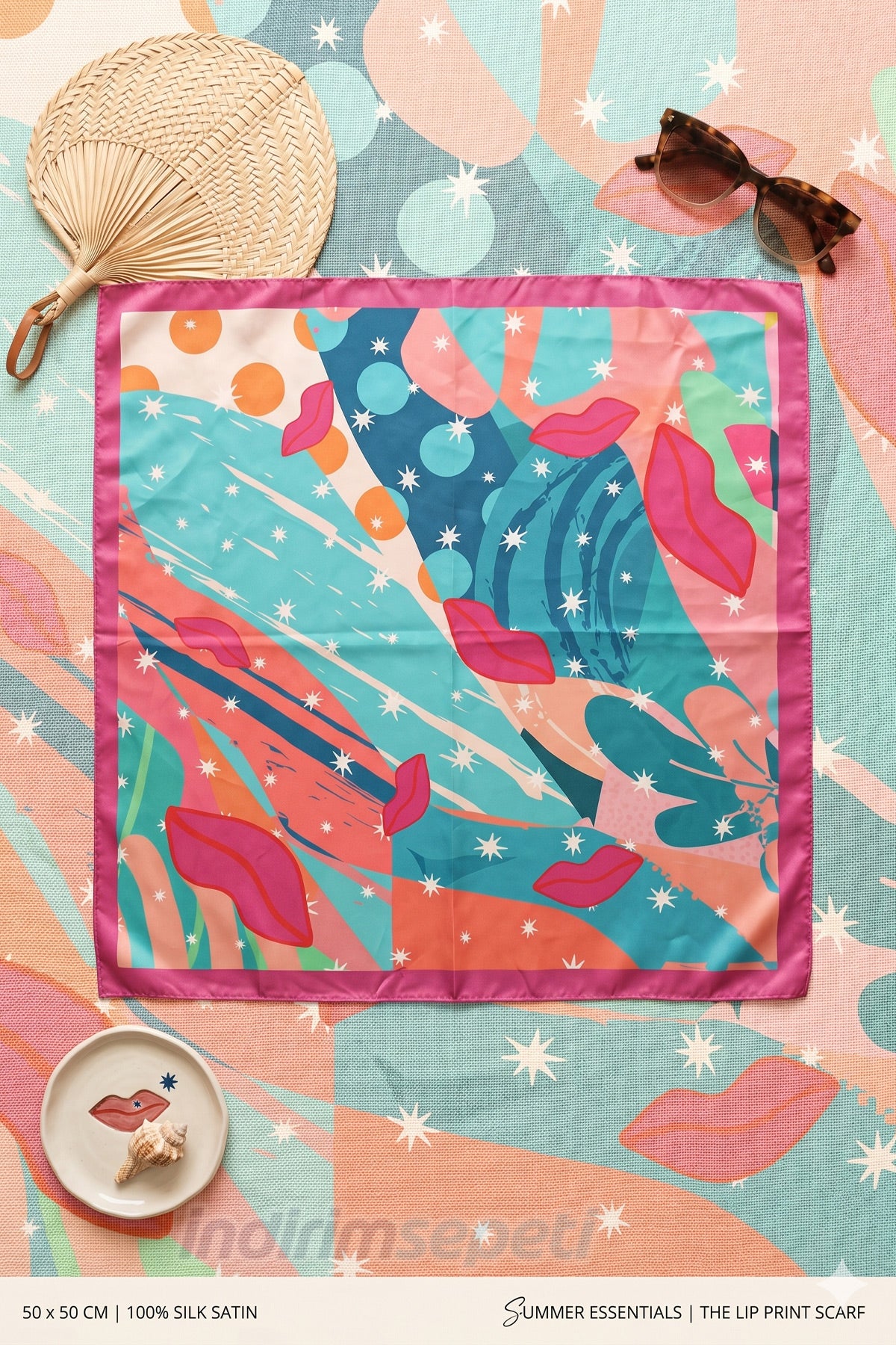 Dudak ve Yıldız Desenli Pembe Saten Fular - 50x50 cm Yazlık Bandana & Çanta Aksesuarı