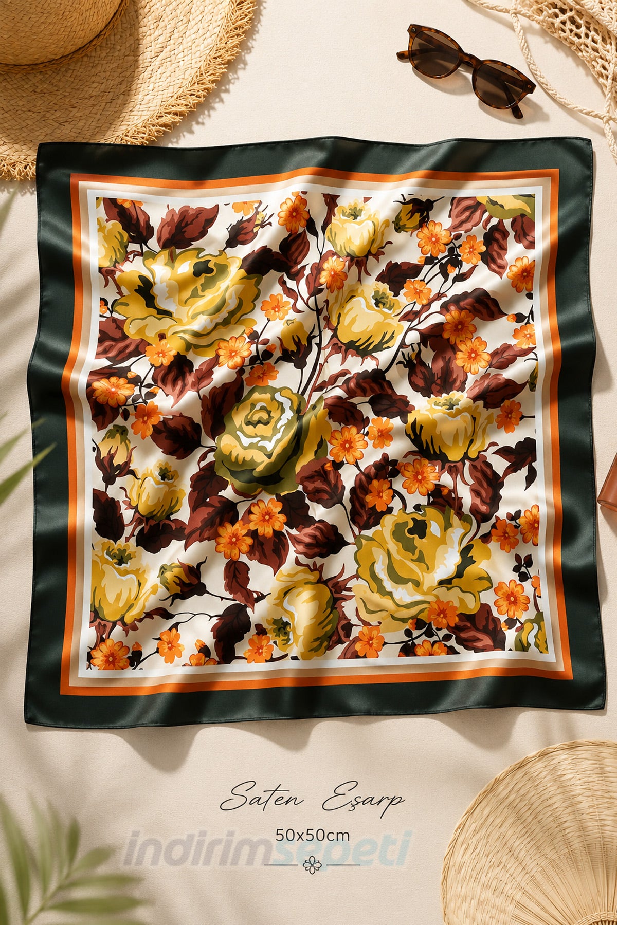 Vintage Çiçek Desenli Saten Bandana Fular 50x50 cm – Yazlık Şık Kadın Saç Bandanası