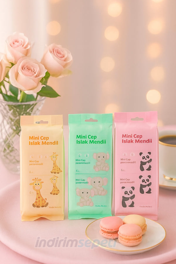 Mini Cep Islak Mendil 3’lü Set | Zürafa, Fil, Panda Maskotlu | Taşınabilir Hijyen, Çocuk ve Çanta için