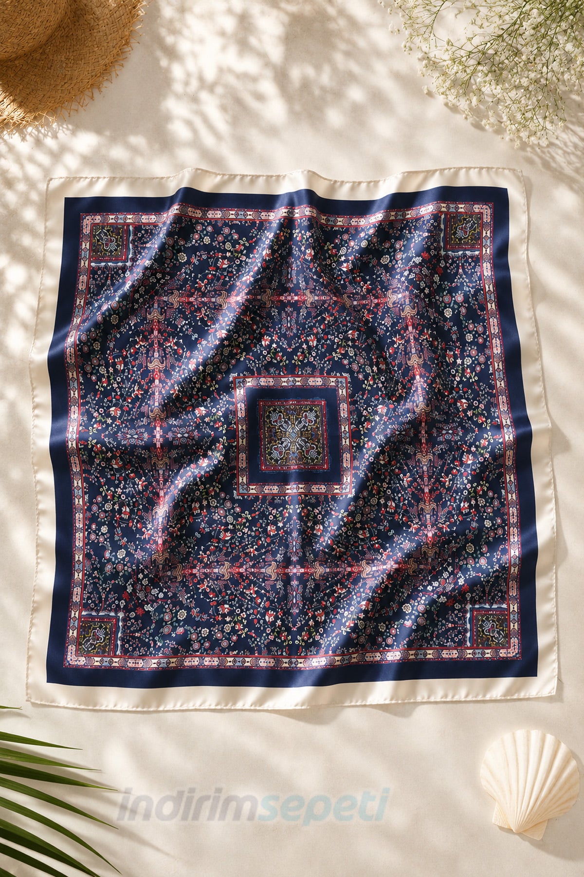 Lacivert Çiçek Desenli Saten Bandana Fular 50x50 cm – Yazlık Şık Kadın Saç Aksesuarı