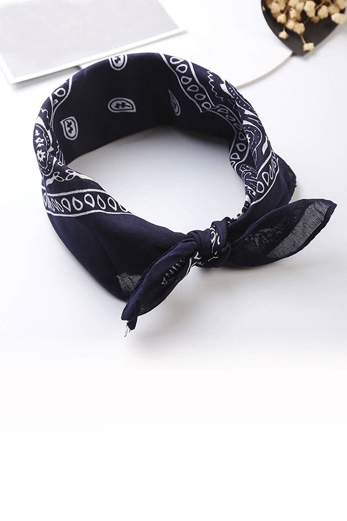 Etnik Desenli Bandana Fular %100 Pamuklu Saç Aksesuar Lacivert - Indirimsepeti