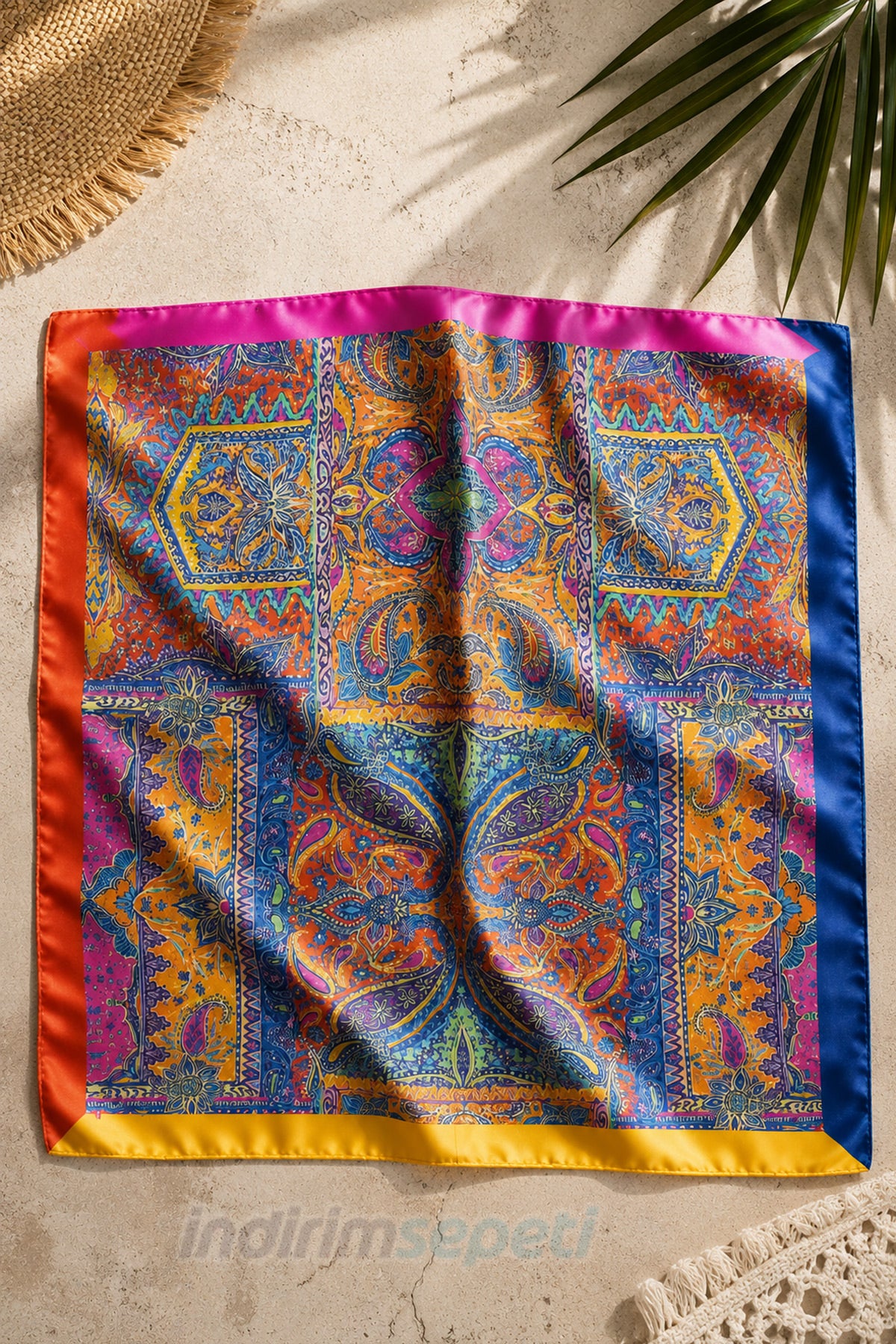 Etnik Desenli Renkli Saten Bandana 50x50 cm – Bohem Yaz Kombin Fuları