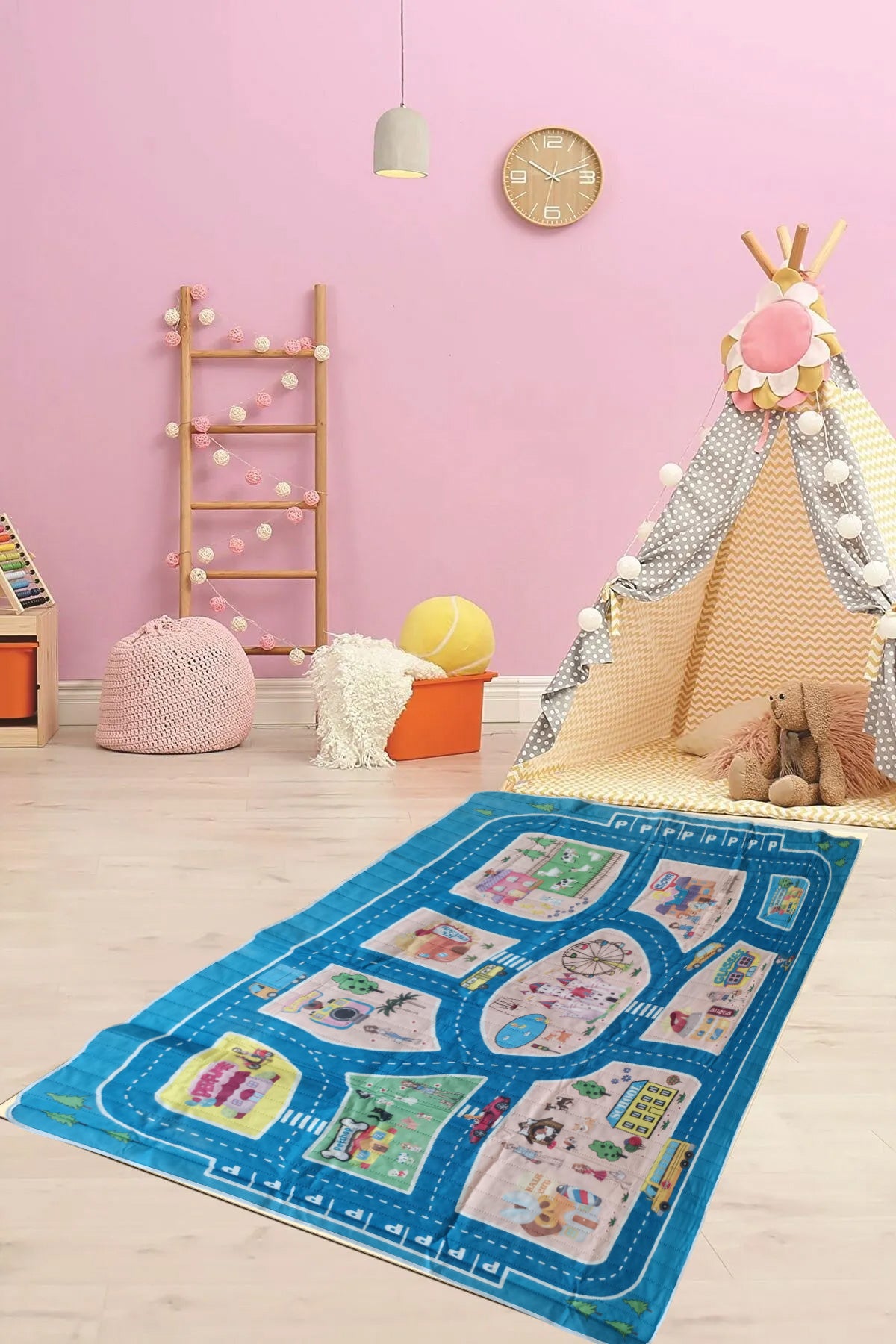 Araba Yollu Ev Okul Petshop Eğitici Oyun Eğlence Halısı Eva Kumaş Kaymaz Taban Çocuk Odası Halısı 115x135 cm - indirimsepeti
